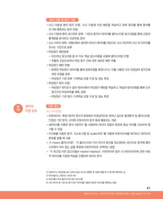 41
•‌사고 다발생 환자 탐지 모형: 사고 다발생 이상 패턴을 학습하고 분류 탐지를 통해 환자를
조기에 예측하는 탐지 모형
•‌사고 다발생 환자 세그먼트 분류: 기관과 환자의 데이터를 클러스터링 알고리즘을 통해 군집의
통계량을 분석하고 프로파일 정의
•‌사고 이미지 분류: 보험사에서 송부한 이미지 데이터를 대상으로 사고 이미지와 사고 외 이미지를
유사도 기반으로 분류
•‌부당청구 패턴분류:
- 머신러닝 알고리즘 중 비 지도 학습 알고리즘을 사용해 클러스터링 진행
- 추출된 군집으로부터 부당 청구 건에 대한 새로운 패턴 추출
•‌부당청구 패턴 판별:
- ‌분류된 부당청구 데이터를 통해 분류모델을 훈련시키고, 이를 사용한 신규 요양급여 청구건에
대한 유형을 분류
- 부당청구 기관 분류 기계학습 모델 구성 및 성능 측정
•‌부당청구 탐지 모형:
- ‌부당청구 현지조사 결과 데이터에서 부당청구 패턴을 학습하고, 학습된 탐지모형을 통해 신규
청구건의 부당여부를 예측, 분류
- 부당청구 기관 탐지 기계학습 모델 구성 및 성능 측정
분석 내용 및 분석 기법
센터의
지원 성과 주요 분석방법
•‌아웃라이어: 특정 데이터 변수의 분포에서 비정상적으로 벗어난 값으로 통계분석 및 클러스터링,
인접성 기반 분석, 고차원 아웃라이어 분석 등에 활용되는 개념
•‌4분위수를 이용한 분석:4분위수3)
를 사용하여 데이터 집합의 범위와 중심 위치를 신속하게 평
가할 수 있음
•‌시각화를 이용한 분석: 히스토그램 및 Scatter차트4)
를 이용해 아웃라이어를 제거하고 데이터의
분포를 맞출 때 사용
•‌K-means 클러스터링5)
: 각 클러스터와 거리 차이의 분산을 최소화하는 방식으로 동작해 클러
스터에서 의미 없는 값을 측정해 아웃라이어로 선택하는 방법
•‌6)
K 최근접 이웃 알고리즘(k-nearest neighbor): 아웃라이어 탐지 시 아웃라이어에 관한 대표
적 데이터를 지정해 학습을 진행하여 데이터 분석
지원 결과
3) 사분위수는 측정값을 낮은 순에서 높은 순으로 정렬한 후 4등분 했을 때 각 등위에 해당하는 값
4) 데이터를 점 그래프로 나타낸 차트
5) 데이터를 K개의 클러스터로 묶는 알고리즘
6) 기존 데이터 중 가장 유사한 K개의 데이터를 이용해 새로운 데이터를 예측하는 방법
Ⅰ공동기술개발 주요사례세종대 인공지능-빅데이터연구센터 산학협력사례집
ABRC-3.indd 41 2017-11-02 오전 1:31:14
 