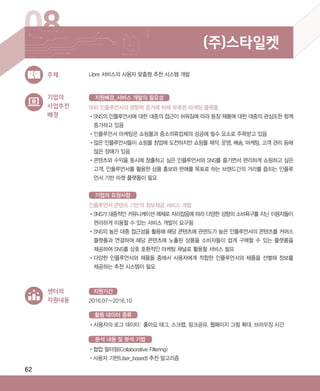 62
08 (주)스타일켓
Libre 서비스의 사용자 맞춤형 추천 시스템 개발주제
기업의
사업추진
배경
SNS 인플루언서의 영향력 증가에 비해 부족한 마케팅 플랫폼
•‌SNS의 인플루언서에 대한 대중의 접근이 쉬워짐에 따라 등장 제품에 대한 대중의 관심또한 함께
증가하고 있음
•‌인플루언서 마케팅은 쇼핑몰과 중소의류업체의 성공에 필수 요소로 주목받고 있음
•‌많은 인플루언서들이 쇼핑몰 창업에 도전하지만 쇼핑몰 제작, 운영, 배송, 마케팅, 고객 관리 등에
많은 장애가 있음
•‌콘텐츠와 수익을 동시에 창출하고 싶은 인플루언서와 SNS를 즐기면서 편리하게 쇼핑하고 싶은
고객, 인플루언서를 활용한 상품 홍보와 판매를 목표로 하는 브랜드간의 거리를 좁히는 인플루
언서 기반 마켓 플랫폼이 필요
지원배경_서비스 개발의 필요성
인플루언서 콘텐츠 기반의 정보제공 서비스 개발
•‌SNS가 대중적인 커뮤니케이션 매체로 자리잡음에 따라 다양한 성향의 소비욕구를 지닌 이용자들이
편리하게 이용할 수 있는 서비스 개발이 요구됨
•‌SNS의 높은 대중 접근성을 활용해 해당 콘텐츠에 관련도가 높은 인플루언서의 콘텐츠를 커머스
플랫폼과 연결하여 해당 콘텐츠에 노출된 상품을 소비자들이 쉽게 구매할 수 있는 플랫폼을
제공하여 SNS를 상호 호환적인 마케팅 채널로 활용할 서비스 필요
•‌다양한 인플루언서와 제품들 중에서 사용자에게 적합한 인플루언서와 제품을 선별해 정보를
제공하는 추천 시스템이 필요
기업의 요청사항
2016.07~2016.10
지원기간
•‌사용자의 로그 데이터: 좋아요 태그, 스크랩, 링크공유, 웹페이지 그림 확대, 브라우징 시간
활용 데이터 종류
센터의
지원내용
•‌협업 필터링(Collaborative Filtering)
•‌사용자 기반(User_based) 추천 알고리즘
분석 내용 및 분석 기법
ABRC-3.indd 62 2017-11-02 오전 1:31:15
 