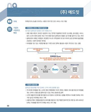 68
09 (주) 애드잇
골목상권 활성화를 위한 업체와 고객의 매칭 플랫폼 필요
•‌객 유치에 어려움을 겪는 소규모 영세 자영업체와 자신이 원하는 재화와 서비스를 찾는데 어려움을
겪는 고객의 니즈를 상호 충족시킬 수 있는 서비스 틈새시장 공략
•‌고객이 힘들게 빈자리를 찾아 돌아다니지 않아도 조건에 맞는 상점을 추천하고 지도를 안내하는 위치
기반 실시간 자리매칭 서비스 기획
•‌사용자(고객)와 가맹점(상점)간의 데이터를 바탕으로 가장 적합한 업체 추천 및 쿠폰 등 사후 프로모션
만족도 극대화를 위한 부가 마케팅 서비스 추가 개발
기업의 요청사항
유휴공석과 손님을 이어주는 사용자 위치기반 O2O 서비스 다모 개발주제
기업의
사업추진
배경
대기업의 골목상권 침해로 인한 자영업 위기
•‌대형 유통 체인이 위치한 대로변이 아닌 한적한 뒷골목에 위치한 도소매업, 음식점업, 서비스
등의 소규모 영세 상권은 최근 거대 유통기업의 골목상권 진출로 설 자리를 잃어가고 있는 추세
•‌골목상권의 위축은 자영업자 개인뿐만 아니라 지역경제의 위기로 이어져 상권 양극화와 불균형을
조장하는 사회적 문제로 대두됨
•‌어려움을 겪고 있는 자영업자를 돕기 위한 보호 정책과 활성화 사업이 추진되고 있는 상황
지원배경_서비스 개발의 필요성
ABRC-3.indd 68 2017-11-02 오전 1:31:15
 