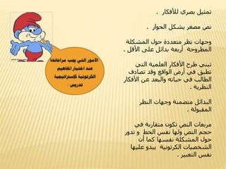 ‫لألفكار‬ ‫بصري‬ ‫تمثيل‬.
‫الحوار‬ ‫يشكل‬ ‫مصغر‬ ‫نص‬.
‫المشكلة‬ ‫حول‬ ‫متعددة‬ ‫نظر‬ ‫وجهات‬
‫األقل‬ ‫على‬ ‫بدائل‬ ‫أربعة‬ ‫المطروحة‬.
‫التي‬ ‫العلمية‬ ‫األفكار‬ ‫طرح‬ ‫تبني‬
‫تصادف‬ ‫وقد‬ ‫الواقع‬ ‫أرض‬ ‫في‬ ‫تطبق‬
‫األفك‬ ‫عن‬ ‫والبعد‬ ‫حياته‬ ‫في‬ ‫الطالب‬‫ار‬
‫النظرية‬.
‫النظر‬ ‫وجهات‬ ‫متضمنة‬ ‫البدائل‬
‫المقبولة‬.
‫في‬ ‫متقاربة‬ ‫تكون‬ ‫النص‬ ‫مربعات‬
‫تدور‬ ‫و‬ ‫الخط‬ ‫نفس‬ ‫ولها‬ ‫النص‬ ‫حجم‬
‫أن‬ ‫كما‬ ‫نفسها‬ ‫المشكلة‬ ‫حول‬
‫علي‬ ‫يبدو‬ ‫الكرتونية‬ ‫الشخصيات‬‫ها‬
‫التعبير‬ ‫نفس‬.
 