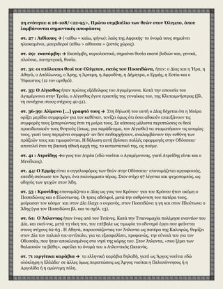 2η ενότητα: α 26-108/<22-95>, Πρώτο συμβούλιο των θεών στον Όλυμπο, όπου
λαμβάνονται σημαντικές αποφάσεις
στ. 27 : Αιθίοπες → (<αἴθω = καίω, ψήνω): λαός της Αφρικής· το όνομά τους σημαίνει
ηλιοκαμένοι, μαυριδεροί (αἴθω > αίθουσα = ζεστός χώρος).
στ. 29: εκατόμβη: → Εκατόμβη, κυριολεκτικά, σημαίνει θυσία εκατό βοδιών και, γενικά,
πλούσια, πανηγυρική, θυσία.
στ. 31: οι υπόλοιποι θεοί του Ολύμπου, εκτός του Ποσειδώνα, ήταν: ο Δίας και η Ήρα, η
Αθηνά, ο Απόλλωνας, ο Άρης, η Άρτεμη, η Αφροδίτη, η Δήμητρα, ο Ερμής, η Εστία και ο
Ήφαιστος (12 τον αριθμό).
στ. 33 Ο Αίγισθος ήταν πρώτος εξάδελφος του Αγαμέμνονα. Κατά την απουσία του
Αγαμέμνονα στην Τροία, ο Αίγισθος έγινε εραστής της γυναίκας του, της Κλυταιμνήστρας (βλ.
τη συνέχεια στους στίχους 40-51).
στ. 36-39: Αλίμονο [...] γραφτό τους → Στη δήλωσή του αυτή ο Δίας δέχεται ότι η Μοίρα
ορίζει μερίδιο συμφορών για τον καθέναν, τονίζει όμως ότι όσοι αδικούν επαυξάνουν τις
συμφορές τους ξεπερνώντας έτσι τη μοίρα τους. Σε κάποιες μάλιστα περιπτώσεις οι θεοί
προειδοποιούν τους θνητούς (όπως, για παράδειγμα, τον Αίγισθο) να σταματήσουν τις ανομίες
τους, γιατί τους περιμένει συμφορά· αν δεν πειθαρχήσουν, αναλαμβάνουν την ευθύνη των
πράξεών τους και τιμωρούνται. Η δήλωση αυτή βρίσκει πολλές εφαρμογές στην Οδύσσεια·
αποτελεί έτσι τη βασική ηθική αρχή της, το καταστατικό της, ας πούμε.
στ. 41 : Ατρείδης →ο γιος του Ατρέα (εδώ νοείται ο Αγαμέμνονας, γιατί Ατρείδης είναι και ο
Μενέλαος).
στ. 44: Ο Ερμής είναι ο αγγελιοφόρος των θεών στην Οδύσσεια· επονομάζεται αργοφονιάς,
επειδή σκότωσε τον Άργο, ένα πολυόμματο τέρας. Στον στίχο 97 λέγεται και ψυχοπομπός, ως
οδηγός των ψυχών στον Άδη.
στ. 53 : Κρονίδης επονομάζεται ο Δίας ως γιος του Κρόνου· γιοι του Κρόνου ήταν ακόμη ο
Ποσειδώνας και ο Πλούτωνας. Οι τρεις αδελφοί, μετά την εκθρόνιση του πατέρα τους,
μοίρασαν τον κόσμο· και στον Δία έλαχε ο ουρανός, στον Ποσειδώνα η γη και στον Πλούτωνα ο
Άδης (για τον Ποσειδώνα βλ. και το σχόλ. 13).
στ. 61: Ο Άτλαντας ήταν ένας από του Τιτάνες. Κατά την Τιτανομαχία πολέμησε εναντίον του
Δία, και εκεί-νος, μετά τη νίκη του, του επέβαλε ως τιμωρία το οδυνηρό έργο που φαίνεται
στους στίχους 62-63 . Η Αθηνά, παρουσιάζοντας τον Άτλαντα ως πατέρα της Καλυψώς, θυμίζει
στον Δία τον παλαιό του αντίπαλο, για να εξασφαλίσει, προφανώς, την εύνοιά του για τον
Οδυσσέα, που ήταν αποκλεισμένος στο νησί της κόρης του. Στον Άτλαντα, «που ξέρει των
θαλασσών τα βάθη», οφείλει το όνομά του ο Ατλαντικός Ωκεανός.
στ. 71 :αργίτικα καράβια → τα ελληνικά καράβια δηλαδή, γιατί ως Άργος νοείται εδώ
ολόκληρη η Ελλάδα· σε άλλες όμως περιπτώσεις ως Άργος νοείται η Πελοπόννησος ή η
Αργολίδα ή η ομώνυμη πόλη.
 
