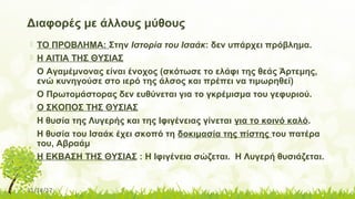 11/14/17
Διαφορές με άλλους μύθους
 ΤΟ ΠΡΟΒΛΗΜΑ: Στην Ιστορία του Ισαάκ: δεν υπάρχει πρόβλημα.
 Η ΑΙΤΙΑ ΤΗΣ ΘΥΣΙΑΣ
Ο Αγαμέμνονας είναι ένοχος (σκότωσε το ελάφι της θεάς Άρτεμης,
ενώ κυνηγούσε στο ιερό της άλσος και πρέπει να τιμωρηθεί)
Ο Πρωτομάστορας δεν ευθύνεται για το γκρέμισμα του γεφυριού.
 Ο ΣΚΟΠΟΣ ΤΗΣ ΘΥΣΙΑΣ
Η θυσία της Λυγερής και της Ιφιγένειας γίνεται για το κοινό καλό.
Η θυσία του Ισαάκ έχει σκοπό τη δοκιμασία της πίστης του πατέρα
του, Αβραάμ
 Η ΕΚΒΑΣΗ ΤΗΣ ΘΥΣΙΑΣ : Η Ιφιγένεια σώζεται. Η Λυγερή θυσιάζεται.
 