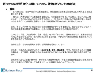 Copyright 2013-2017 Takumi Business Place Corporation.
• 解説
匠Methodは、社会やビジネスを創る際に、常に自分に立ち返り自分事として考えることが必
要となります。
例えば、大きなビジネスを構想する際にも、その価値をデザインする際に、常に一人の人間
として、「それがどのように人に役立つのか」、「それは自分自身としても未来が嬉しくなる
のか」を問うことが自然と強要されるような仕組みが匠Methodに入れ込んでいます。
また、キャリアデザインなどで自分自身の価値をデザインする際にも、ビジョンやコンセプト
などの未来価値が関係する要素は、社会との接点を確実に持つ必要があります。
このように「己、プロダクト、企業、社会」をつなげるために、匠Methodでは、基本部分は全
て同じ方法で行うという「匠Methodにおけるミクロ・マクロ同一活用の原則」を定めてメソッ
ドを洗練化させてきました。
自分と社会、どちらを思考する際にも両関係を切らないこと…
これを、日本のことわざでいうと「起きて半畳、寝て一畳の考え」です。所詮大きなことも複雑
な事も人一人で説明、納得できる状態を作りだしておかねば未来の社会に対する責任を持てま
せん。
これが匠Methodを使い熟すリーダが持つべき哲学であり、今後人工知能が社会やビジネスに今
以上に活用される時には、この考えがもっとも重要なものとなるでしょう。
6
 