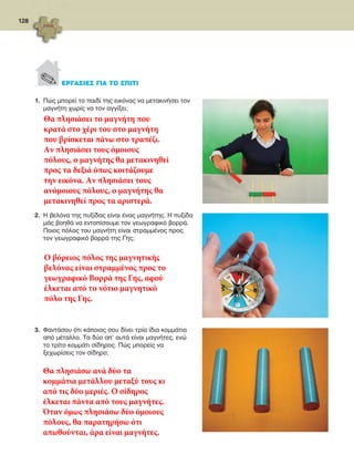 128
1.	 Πώς μπορεί το παιδί της εικόνας να μετακινήσει τον
μαγνήτη χωρίς να τον αγγίξει;
_________________________________________________________________________________________________
_________________________________________________________________________________________________
_________________________________________________________________________________________________
_________________________________________________________________________________________________
_________________________________________________________________________________________________
2.	 Η βελόνα της πυξίδας είναι ένας μαγνήτης. Η πυξίδα
μάς βοηθά να εντοπίσουμε τον γεωγραφικό βορρά.
Ποιος πόλος του μαγνήτη είναι στραμμένος προς
τον γεωγραφικό βορρά της Γης;
_________________________________________________________________________________________________
_________________________________________________________________________________________________
_________________________________________________________________________________________________
_________________________________________________________________________________________________
_________________________________________________________________________________________________
3.	 Φαντάσου ότι κάποιος σου δίνει τρία ίδια κομμάτια
από μέταλλο. Τα δύο απ’ αυτά είναι μαγνήτες, ενώ
το τρίτο κομμάτι σίδηρος. Πώς μπορείς να
ξεχωρίσεις τον σίδηρο;
_________________________________________________________________________________________________
_________________________________________________________________________________________________
_________________________________________________________________________________________________
_________________________________________________________________________________________________
_________________________________________________________________________________________________
. ΕΡΓΑΣΙΕΣ ΓΙΑ ΤΟ ΣΠΙΤΙ
FYSIKA ST DIMOT ERGASION.indb 128 27/12/2012 11:50:31 πμ
Θα πλησιάσει το μαγνήτη που
κρατά στο χέρι του στο μαγνήτη
που βρίσκεται πάνω στο τραπέζι.
Αν πλησιάσει τους όμοιους
πόλους, ο μαγνήτης θα μετακινηθεί
προς τα δεξιά όπως κοιτάζουμε
την εικόνα. Αν πλησιάσει τους
ανόμοιους πόλους, ο μαγνήτης θα
μετακινηθεί προς τα αριστερά.
Ο βόρειος πόλος της μαγνητικής
βελόνας είναι στραμμένος προς το
γεωγραφικό Βορρά της Γης, αφού
έλκεται από το νότιο μαγνητικό
πόλο της Γης.
Θα πλησιάσω ανά δύο τα
κομμάτια μετάλλου μεταξύ τους κι
από τις δύο μεριές. Ο σίδηρος
έλκεται πάντα από τους μαγνήτες.
Όταν όμως πλησιάσω δύο όμοιους
πόλους, θα παρατηρήσω ότι
απωθούνται, άρα είναι μαγνήτες.
 