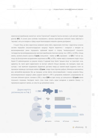 10
користується виробництво екологічно чистих ("органічних") продуктів (частка експорту в цій категорії товарів
досягає 80%). В останні роки особливо популярними у великих європейських компаній стають інвестиції в
"харчовку", але це не входить в сферу наших безпосередніх інтересів в даному дослідженні.
З іншого боку, це явно недостатньо розвинені ринки збуту, недосконала логістика і недостатньо сучасна
система переробки сільськогосподарської продукції. Недолік маркетингу і складності з виходом на
високомаржинальні ринки породжують серйозний перекіс в сторону "монокультурного" сільського
господарства при випереджувальному зростанні виробництва технічних культур: так, з 2005 р. по 2016 р. площа
земель, засіяних ріпаком, зросла в 5 разів, соняшником - майже на 40%, зерновими - на 8,2%. У той же час,
площі під багаторічними насадженнями скоротилися на 17%, і в 2016 р. майже чверть споживання плодів і ягід в
Україні (!) забезпечувалася за рахунок імпорту. В державі існує безліч "вузьких місць" на транспорті: хоча,
здавалось би, порти здатні відвантажити на експорт набагато більше зернових, ніж проходить через них
сьогодні, і нові термінали продовжують будуватися, доставка товару до гаваней вкрай утруднена: попит на
зерновози перевищує пропозицію майже в 2,5 рази, і влада тільки підсилює дефіцит, обмежуючи максимальну
вагу автомобілів-зерновозів. Все це породжує суттєві збитки сільгоспвиробників і стримує розвиток більш
високомаржинальної продукції: рівень доданої вартості в АПК в доларовому еквіваленті, розрахованому за
поточним обмінним курсом, становив в 2016 р. лише $296 на один гектар, що залишалося в 5,5 разів нижче
польського показника. Наслідком такого стану справ стають низькі вкладення в розвиток бізнесу і в
підтримання родючості земель, на чому ми ще зупинимося нижче.
Додана вартість
рослинництва на 1 га, $
296$
1016$
1650$
2370$
Україна Литва Польща Франція
100%
320%
740%
800%
uifuture.org
I. Аграрна Україна і значенням земельної реформи
 