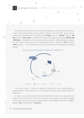 К РЕФОРМЕ РЫНКА ЗЕМЛИ В УКРАИНЕ59
Во-вторых, как мы уже отмечали, в этих странах земля превратилась в значимый экономический актив, и
с самого начала аграрной реформы её цена устойчиво и постоянно росла. Если в 2000 г. средняя стоимость
гектара сельскохозяйственной земли составляла в Литве 370 евро, в Румынии — 340 евро, в Польше — 950
евро, а в Чехии — 1,48 тыс. евро, то к середине 2010-х годов соответствующие цифры достигали 665, 1100, 2550
и 2000 евро. Как подчёркивают многие участники украинской дискуссии о земельной реформе, ежегодный
рост цен на землю в первые семь лет после либерализации торговли ею колебался от 3-15% (в Чехии) до
12-40% (в Польше) — и это представляется как основное достижение рыночно-ориентированной земельной
реформы.
С этим сложно спорить — однако стоит внимательно присмотреться к опыту аграрной реформы в
Центральной Европе, и обратить внимание на те черты, которые сейчас вряд ли удастся повторить украинским
реформаторам.
Во-первых, во всех странах Центральной Европы аграрный сектор обладал долгими традициями своего
развития, и частная собственность на землю, как и фермерство, не были абстрактными понятиями. До Второй
мировой войны средний размер земельного надела составлял в Польше 7-8 га, в Чехословакии — до 40 га, в
Венгрии — 6-8 га, в странах Балтии — от 10 до 25 га.
Доля прод. корзины в бюджете домашнего хозяйства, %
Украина Польша Румыния Чехия Литва
42%
11%
12%
24%
11%
 