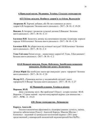 20
6 Прикладні науки. Медицина. Техніка. Сільське господарство
613 Гігієна загалом. Особисте здоров'я та гігієна. Валеологія
Андросюк Я. Харчові добавки, або Як ми ставимося до свого
здоров’я/Я.Андросюк// Безпека життєдіяльності.- 2017.- № 10.- С.19-20
Вовдюк Л. Інтернет і розвиток сучасної дитини/Л.Вовдюк// Безпека
життєдіяльності.- 2017.- № 10.- С.11
Ільченко Н.В. Захистить дитину від негативного впливу телевізора: корисні
поради/ Н.В.Ільченко// Безпека життєдіяльності.- 2017.- № 10.- С.36
Ільченко Н.В. Як уберегтися від осінньої застуди?/ Н.В.Ільченко// Безпека
життєдіяльності.- 2017.- № 10.- С.4
Усик Світлана Осінні ягоди – намистинки здоров’я/С.Усик, Л.Богданович//
Безпека життєдіяльності.- 2017.- № 10.- С.2
614.8 Нещасні випадки. Ризик. Небезпека. Запобігання нещасним
випадкам. Особистий захист. Безпечність
Д’ячук Юрій Що необхідно знати про евакуацію: увага: тероризм// Безпека
життєдіяльності.- 2017.- № 10.- С.26
Федор О.Т. «Тривожна валіза» у надзвичайній ситуації: увага:
тероризм/О.Т.Федор// Безпека життєдіяльності.- 2017.- № 10.- С.27
62 Машинобудування. Техніка в цілому
Воронов, Ю.П.
Дощ у великому місті. Які проблеми? [Текст] : історія техніки / Ю.П.
Воронов // Страна знаний : научно-популярный журнал для юношества. -
2017. - N7/8. - С. 19-23
630 Лісове господарство. Лісівництво
Карпук, Анатолій.
Еколого-економічна ефективність лісокористування: сутність, оцінка,
механізм забезпечення [Текст] / Анатолій Карпук, Максим Шестак //
Економіст : науковий та громадсько-політичний журнал з 2011 року
представлений у міжнародній економічній наукометричній базі RePEc:
 
