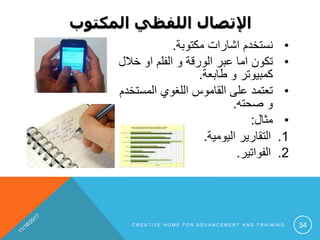 ‫المكتوب‬ ‫اللفظي‬ ‫اإلتصال‬
•‫مكتوبة‬ ‫اشارات‬ ‫نستخدم‬.
•‫خال‬ ‫او‬ ‫الفلم‬ ‫و‬ ‫الورقة‬ ‫عبر‬ ‫اما‬ ‫تكون‬‫ل‬
‫طابعة‬ ‫و‬ ‫كمبيوتر‬.
•‫المست‬ ‫اللغوي‬ ‫القاموس‬ ‫على‬ ‫تعتمد‬‫خدم‬
‫صحته‬ ‫و‬.
•‫مثال‬:
.1‫اليومية‬ ‫التقارير‬.
.2‫الفواتير‬.
C R E A T I V E H O M E F O R A D V A N C E M E N T A N D T R A I N I N G 34
 
