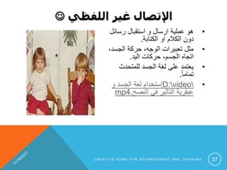 ‫اللفظي‬ ‫غير‬ ‫اإلتصال‬
•‫رسائ‬ ‫استقبال‬ ‫و‬ ‫ارسال‬ ‫عملية‬ ‫هو‬‫ل‬
‫الكتابة‬ ‫او‬ ‫الكالم‬ ‫دون‬.
•‫الجس‬ ‫حركة‬ ،‫الوجه‬ ‫تعبيرات‬ ‫مثل‬،‫د‬
‫اليد‬ ‫حركات‬ ،‫الجسم‬ ‫اتجاه‬.
•‫للمتحدث‬ ‫الجسد‬ ‫لغة‬ ‫على‬ ‫يعتمد‬
ً‫ا‬‫تمام‬.
•D:video‫و‬ ‫الجسد‬ ‫لغة‬ ‫إستخدام‬
‫النصح‬ ‫في‬ ‫التأثير‬ ‫عبقرية‬.mp4
C R E A T I V E H O M E F O R A D V A N C E M E N T A N D T R A I N I N G 37
 