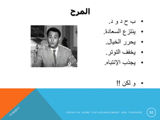 ‫المرح‬
•‫د‬ ‫و‬ ‫د‬ ‫ح‬ ‫ب‬.
•‫السعادة‬ ‫ينتزع‬.
•‫الخيال‬ ‫يحرر‬.
•‫التوتر‬ ‫يخفف‬.
•‫اإلنتباه‬ ‫يجذب‬.
•‫لكن‬ ‫و‬!!
C R E A T I V E H O M E F O R A D V A N C E M E N T A N D T R A I N I N G 55
 