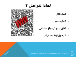 ‫؟‬ ‫نتواصل‬ ‫لماذا‬
•‫أفكار‬ ‫لننقل‬.
•‫مفاهيم‬ ‫لننقل‬.
•‫مناخ‬ ‫لخلق‬(‫وسيط‬)‫اجتماعي‬.
•‫للوصول‬‫مشترك‬ ٍ‫لهدف‬.
C R E A T I V E H O M E F O R A D V A N C E M E N T A N D T R A I N I N G 9
 