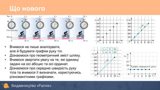 Що нового
• Вчимося не лише аналізувати,
але й будувати графіки руху тіл.
• Дізнаємося про геометричний зміст шляху.
• Вчимося звертати увагу на те, які одиниці
задані на осі абсцис та осі ординат.
• Дізнаємося про середню швидкість руху
тіла та вчимося її визначати, користуючись
різноманітними графіками.
 