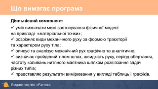 Що вимагає програма
Діяльнісний компонент:
 уміє визначати межі застосування фізичної моделі
на прикладі «матеріальної точки»;
 розрізняє види механічного руху за формою траєкторії
та характером руху тіла;
 описує та аналізує механічний рух графічно та аналітично;
 визначає пройдений тілом шлях, швидкість руху, період обертання,
частоту коливань нитяного маятника шляхом розв’язання задач
різних типів;
 представляє результати вимірювання у вигляді таблиць і графіків.
 