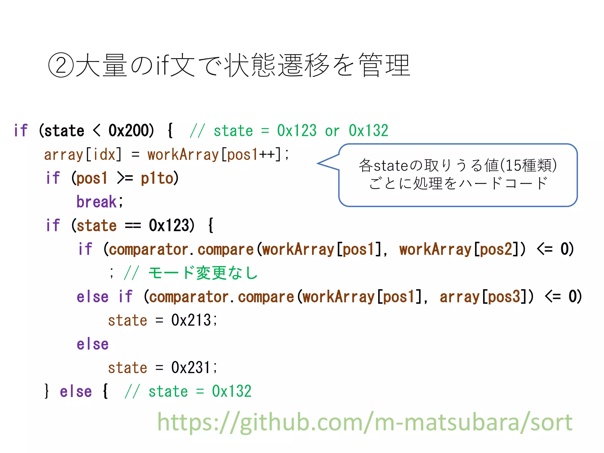 ②大量のif文で状態遷移を管理
if (state < 0x200) { // state = 0x123 or 0x132
array[idx] = workArray[pos1++];
if (pos1 >= p1to)
break;
if (state == 0x123) {
if (comparator.compare(workArray[pos1], workArray[pos2]) <= 0)
; // モード変更なし
else if (comparator.compare(workArray[pos1], array[pos3]) <= 0)
state = 0x213;
else
state = 0x231;
} else { // state = 0x132
各stateの取りうる値(15種類)
ごとに処理をハードコード
https://github.com/m-matsubara/sort
 