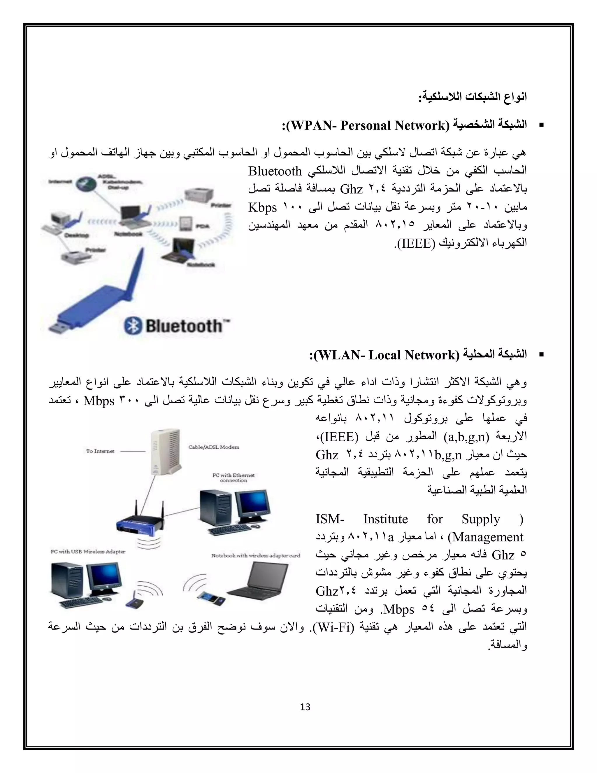 13
:‫الالسلكية‬ ‫الشبكات‬ ‫انواع‬
( ‫الشخصية‬ ‫الشبكة‬WPAN- Personal Network:)
‫الهات‬ ‫جهاز‬ ‫وبين‬ ‫المكتبي‬ ‫الحاسوب‬ ‫او‬ ‫المحمول‬ ‫الحاسوب‬ ‫بين‬ ‫السلكي‬ ‫اتصال‬ ‫شبكة‬ ‫عن‬ ‫عبارة‬ ‫هي‬‫او‬ ‫المحمول‬ ‫ف‬
‫الالسلكي‬ ‫االتصال‬ ‫تقنية‬ ‫خالل‬ ‫من‬ ‫الكفي‬ ‫الحاسب‬Bluetooth
‫الترددية‬ ‫الحزمة‬ ‫على‬ ‫باالعتماد‬2.8Ghz‫تصل‬ ‫فاصلة‬ ‫بمسافة‬
‫مابين‬01-21‫الى‬ ‫تصل‬ ‫بيانات‬ ‫نقل‬ ‫وبسرعة‬ ‫متر‬011Kbps
‫المعاير‬ ‫على‬ ‫وباالعتماد‬412.03‫المهندسين‬ ‫معهد‬ ‫من‬ ‫المقدم‬
( ‫االلكترونيك‬ ‫الكهرباء‬IEEE.)
( ‫المحلية‬ ‫الشبكة‬WLAN- Local Network:)
‫المعايير‬ ‫انواع‬ ‫على‬ ‫باالعتماد‬ ‫الالسلكية‬ ‫الشبكات‬ ‫وبناء‬ ‫تكوين‬ ‫في‬ ‫عالي‬ ‫اداء‬ ‫وذات‬ ‫انتشارا‬ ‫االكثر‬ ‫الشبكة‬ ‫وهي‬
‫الى‬ ‫تصل‬ ‫عالية‬ ‫بيانات‬ ‫نقل‬ ‫وسرع‬ ‫كبير‬ ‫تغطية‬ ‫نطاق‬ ‫وذات‬ ‫ومجانية‬ ‫كفوءة‬ ‫وبروتوكوالت‬311Mbps‫تعتمد‬ ،
‫برو‬ ‫على‬ ‫عملها‬ ‫في‬‫توكول‬412.00‫بانواعه‬
( ‫االربعة‬a,b,g,n( ‫قبل‬ ‫من‬ ‫المطور‬ )IEEE،)
‫معيار‬ ‫ان‬ ‫حيث‬b,g,n412.00‫بتردد‬2.8Ghz
‫المجانية‬ ‫التطيبقية‬ ‫الحزمة‬ ‫على‬ ‫عملهم‬ ‫يتعمد‬
‫الصناعية‬ ‫الطبية‬ ‫العلمية‬
(ISM- Institute for Supply
Management‫معيار‬ ‫اما‬ ، )a412.00‫وبتردد‬
3Ghz‫مرخص‬ ‫معيار‬ ‫فانه‬‫حيث‬ ‫مجاني‬ ‫وغير‬
‫بالترددات‬ ‫مشوش‬ ‫وغير‬ ‫كفوء‬ ‫نطاق‬ ‫على‬ ‫يحتوي‬
‫برتدد‬ ‫تعمل‬ ‫التي‬ ‫المجانية‬ ‫المجاورة‬2.8Ghz
‫الى‬ ‫تصل‬ ‫وبسرعة‬38Mbps‫التقنيات‬ ‫ومن‬ .
( ‫تقنية‬ ‫هي‬ ‫المعيار‬ ‫هذه‬ ‫على‬ ‫تعتمد‬ ‫التي‬Wi-Fi‫السرعة‬ ‫حيث‬ ‫من‬ ‫الترددات‬ ‫بن‬ ‫الفرق‬ ‫نوضح‬ ‫سوف‬ ‫واالن‬ .)
.‫والمسافة‬
 