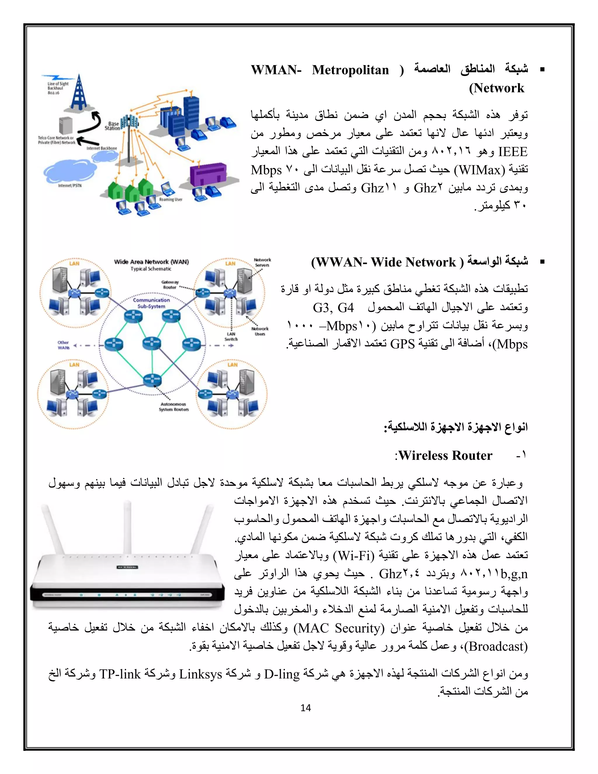 14
‫العاصم‬ ‫المناطق‬ ‫شبكة‬( ‫ة‬WMAN- Metropolitan
Network)
‫بأكملها‬ ‫مدينة‬ ‫نطاق‬ ‫ضمن‬ ‫اي‬ ‫المدن‬ ‫بحجم‬ ‫الشبكة‬ ‫هذه‬ ‫توفر‬
‫من‬ ‫ومطور‬ ‫مرخص‬ ‫معيار‬ ‫على‬ ‫تعتمد‬ ‫النها‬ ‫عال‬ ‫ادئها‬ ‫ويعتبر‬
IEEE‫وهو‬412.06‫المعيار‬ ‫هذا‬ ‫على‬ ‫تعتمد‬ ‫التي‬ ‫التقنيات‬ ‫ومن‬
( ‫تقنية‬WIMax)‫الى‬ ‫البيانات‬ ‫نقل‬ ‫سرعة‬ ‫تصل‬ ‫حيث‬01Mbps
‫تردد‬ ‫وبمدى‬‫مابين‬2Ghz‫و‬00Ghz‫الى‬ ‫التغطية‬ ‫مدى‬ ‫وتصل‬
31.‫كيلومتر‬
( ‫الواسعة‬ ‫شبكة‬WWAN- Wide Network)
‫قارة‬ ‫او‬ ‫دولة‬ ‫مثل‬ ‫كبيرة‬ ‫مناطق‬ ‫تغطي‬ ‫الشبكة‬ ‫هذه‬ ‫تطبيقات‬
‫المحمول‬ ‫الهاتف‬ ‫االجيال‬ ‫على‬ ‫وتعتمد‬G3, G4
( ‫مابين‬ ‫تتراوح‬ ‫بيانات‬ ‫نقل‬ ‫وبسرعة‬01–Mbps0111
Mbps‫الى‬ ‫أضافة‬ ،)‫تقنية‬GPS.‫الصناعية‬ ‫االقمار‬ ‫تعتمد‬
‫الالسلكية‬ ‫االجهزة‬ ‫االجهزة‬ ‫انواع‬:
0-Wireless Router:
‫وسهول‬ ‫بينهم‬ ‫فيما‬ ‫البيانات‬ ‫تبادل‬ ‫الجل‬ ‫موحدة‬ ‫السلكية‬ ‫بشبكة‬ ‫معا‬ ‫الحاسبات‬ ‫يربط‬ ‫السلكي‬ ‫موجه‬ ‫عن‬ ‫وعبارة‬
‫االمواجات‬ ‫االجهزة‬ ‫هذه‬ ‫تسخدم‬ ‫حيث‬ .‫باالنترنت‬ ‫الجماعي‬ ‫االتصال‬
‫ب‬ ‫الراديوية‬‫والحاسوب‬ ‫المحمول‬ ‫الهاتف‬ ‫واجهزة‬ ‫الحاسبات‬ ‫مع‬ ‫االتصال‬
.‫المادي‬ ‫مكونها‬ ‫ضمن‬ ‫السلكية‬ ‫شبكة‬ ‫كروت‬ ‫تملك‬ ‫بدورها‬ ‫التي‬ ،‫الكفي‬
( ‫تقنية‬ ‫على‬ ‫االجهزة‬ ‫هذه‬ ‫عمل‬ ‫تعتمد‬Wi-Fi‫معيار‬ ‫على‬ ‫وباالعتماد‬ )
b,g,n412.00‫وبتردد‬2.8Ghz‫على‬ ‫الراوتر‬ ‫هذا‬ ‫يحوي‬ ‫حيث‬ .
‫ا‬ ‫بناء‬ ‫من‬ ‫تساعدنا‬ ‫رسومية‬ ‫واجهة‬‫فريد‬ ‫عناوين‬ ‫من‬ ‫الالسلكية‬ ‫لشبكة‬
‫بالدخول‬ ‫والمخربين‬ ‫الدخالء‬ ‫لمنع‬ ‫الصارمة‬ ‫االمنية‬ ‫وتفعيل‬ ‫للحاسبات‬
‫عنوان‬ ‫خاصية‬ ‫تفعيل‬ ‫خالل‬ ‫من‬(MAC Security)‫خاصية‬ ‫تفعيل‬ ‫خالل‬ ‫من‬ ‫الشبكة‬ ‫اخفاء‬ ‫باالمكان‬ ‫وكذلك‬
(Broadcast).‫بقوة‬ ‫االمنية‬ ‫خاصية‬ ‫تفعيل‬ ‫الجل‬ ‫وقوية‬ ‫عالية‬ ‫مرور‬ ‫كلمة‬ ‫وعمل‬ ،
‫وم‬‫شركة‬ ‫هي‬ ‫االجهزة‬ ‫لهذه‬ ‫المنتجة‬ ‫الشركات‬ ‫انواع‬ ‫ن‬D-ling‫شركة‬ ‫و‬Linksys‫وشركة‬TP-link‫الخ‬ ‫وشركة‬
.‫المنتجة‬ ‫الشركات‬ ‫من‬
 