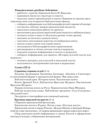 Универсальные учебные действия:
— работать с книгой-сборником басен И. Крылова;
— сравнивать басни по структуре и сюжету;
— выделять книги-произведения и книги-сборники из группы пред-
ложенных книг или открытого библиотечного фонда;
— собирать информацию для библиографической справки об авторе;
— составлять таблицу жанров произведений писателя;
— выполнять поисковую работу по проекту;
— презентовать результаты проектной деятельности и любимую книгу;
— готовить отзыв о книге и обсуждать разные точки зрения;
— находить по каталогу нужную книгу;
— заполнять каталожную карточку на выбранную книгу;
— писать отзыв о книге или героях книги;
— пользоваться библиографическим справочником;
— рассматривать и читать детские газеты и журналы;
— находить нужную информацию в газетах и журналах;
— собирать информацию для проекта «История детской газеты или
журнала»;
— готовить материал для классной и школьной газеты;
— пользоваться электронными газетами и журналами.
4 класс (33 ч)
Страницы старины седой (4 ч)
Былины, былинщики. Былинные богатыри. «Былина о Святогоре»
в стихотворной форме и прозаической форме. Выставка книг.
Библиотечный урок. История книги. Рукописные книги.
Книги Древней Руси. Библиотека Ярослава Мудрого. Наставления
Ярослава Мудрого.
Первая печатная книга на Руси. Первопечатник Иван Фёдоров.
Библия на русском языке. Библейские предания: «Суд Соломона»,
«Блудный сын».
Экскурсия в типографию или книжный магазин.
Крупицы народной мудрости (4 ч)
Сборники произведений фольклора.
Героические песни о Родине. Песня-слава «Русская земля».
Героические песни о героях России: «Кузьма Минин и Дмитрий Пожар-
ский во главе ополчения», «Суворов приказывает армии переплыть море».
Сбор дополнительной информации о героях России и оформление
постера (стенда) с собранными материалами.
14
 