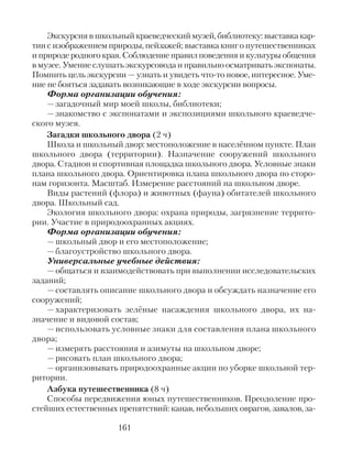 Экскурсия в школьный краеведческий музей, библиотеку: выставка кар-
тин с изображением природы, пейзажей; выставка книг о путешественниках
и природе родного края. Соблюдение правил поведения и культуры общения
в музее. Умение слушать экскурсовода и правильно осматривать экспонаты.
Помнить цель экскурсии — узнать и увидеть что-то новое, интересное. Уме-
ние не бояться задавать возникающие в ходе экскурсии вопросы.
Форма организации обучения:
— загадочный мир моей школы, библиотеки;
— знакомство с экспонатами и экспозициями школьного краеведче-
ского музея.
Загадки школьного двора (2 ч)
Школа и школьный двор: местоположение в населённом пункте. План
школьного двора (территории). Назначение сооружений школьного
двора. Стадион и спортивная площадка школьного двора. Условные знаки
плана школьного двора. Ориентировка плана школьного двора по сторо-
нам горизонта. Масштаб. Измерение расстояний на школьном дворе.
Виды растений (флора) и животных (фауна) обитателей школьного
двора. Школьный сад.
Экология школьного двора: охрана природы, загрязнение террито-
рии. Участие в природоохранных акциях.
Форма организации обучения:
— школьный двор и его местоположение;
— благоустройство школьного двора.
Универсальные учебные действия:
— общаться и взаимодействовать при выполнении исследовательских
заданий;
— составлять описание школьного двора и обсуждать назначение его
сооружений;
— характеризовать зелёные насаждения школьного двора, их на-
значение и видовой состав;
— использовать условные знаки для составления плана школьного
двора;
— измерять расстояния и азимуты на школьном дворе;
— рисовать план школьного двора;
— организовывать природоохранные акции по уборке школьной тер-
ритории.
Азбука путешественника (8 ч)
Способы передвижения юных путешественников. Преодоление про-
стейших естественных препятствий: канав, небольших оврагов, завалов, за-
161
 