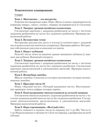 Тематическое планирование
1 класс
Тема 1. Математика — это интересно
Решение нестандартных задач. Игра «Муха» («муха» перемещается по
командам «вверх», «вниз», «влево», «вправо» на игровом поле 3 × 3 клетки).
Тема 2. Танграм: древняя китайская головоломка
Составление картинки с заданным разбиением на части; с частично
заданным разбиением на части; без заданного разбиения. Проверка вы-
полненной работы.
Тема 3. Путешествие точки
Построение рисунка (на листе в клетку) в соответствии с заданной
последовательностью шагов (по алгоритму). Проверка работы. Построе-
ние собственного рисунка и описание его шагов.
Тема 4. Игры с кубиками
Подсчёт числа точек на верхних гранях выпавших кубиков (у каж-
дого два кубика). Взаимный контроль.
Тема 5. Танграм: древняя китайская головоломка
Составление картинки с заданным разбиением на части; с частично
заданным разбиением на части; без заданного разбиения. Составление
картинки, представленной в уменьшенном масштабе. Проверка выпол-
ненной работы.
Тема 6. Волшебная линейка
Шкала линейки. Сведения из истории математики: история возник-
новения линейки.
Тема 7. Праздник числа 10
Игры: «Задумай число», «Отгадай задуманное число». Восстановле-
ние примеров: поиск цифры, которая скрыта.
Тема 8. Конструирование многоугольников из деталей танграма
Составление многоугольников с заданным разбиением на части; с ча-
стично заданным разбиением на части; без заданного разбиения. Состав-
ление многоугольников, представленных в уменьшенном масштабе.
Проверка выполненной работы.
Тема 9. Игра-соревнование «Весёлый счёт»
Найти, показать и назвать числа по порядку (от 1 до 20). Числа от
1 до 20 расположены в таблице (4 × 5) не по порядку, а разбросаны по всей
таблице.
30
 
