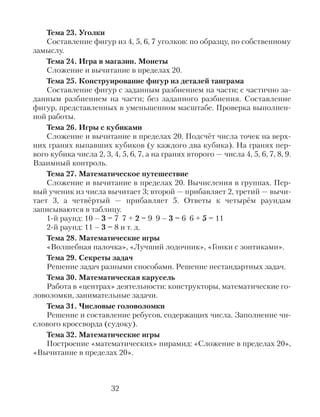 Тема 23. Уголки
Составление фигур из 4, 5, 6, 7 уголков: по образцу, по собственному
замыслу.
Тема 24. Игра в магазин. Монеты
Сложение и вычитание в пределах 20.
Тема 25. Конструирование фигур из деталей танграма
Составление фигур с заданным разбиением на части; с частично за-
данным разбиением на части; без заданного разбиения. Составление
фигур, представленных в уменьшенном масштабе. Проверка выполнен-
ной работы.
Тема 26. Игры с кубиками
Сложение и вычитание в пределах 20. Подсчёт числа точек на верх-
них гранях выпавших кубиков (у каждого два кубика). На гранях пер-
вого кубика числа 2, 3, 4, 5, 6, 7, а на гранях второго — числа 4, 5, 6, 7, 8, 9.
Взаимный контроль.
Тема 27. Математическое путешествие
Сложение и вычитание в пределах 20. Вычисления в группах. Пер-
вый ученик из числа вычитает 3; второй — прибавляет 2, третий — вычи-
тает 3, а четвёртый — прибавляет 5. Ответы к четырём раундам
записываются в таблицу.
1-й раунд: 10 – 3 = 7 7 + 2 = 9 9 – 3 = 6 6 + 5 = 11
2-й раунд: 11 – 3 = 8 и т. д.
Тема 28. Математические игры
«Волшебная палочка», «Лучший лодочник», «Гонки с зонтиками».
Тема 29. Секреты задач
Решение задач разными способами. Решение нестандартных задач.
Тема 30. Математическая карусель
Работа в «центрах» деятельности: конструкторы, математические го-
ловоломки, занимательные задачи.
Тема 31. Числовые головоломки
Решение и составление ребусов, содержащих числа. Заполнение чи-
слового кроссворда (судоку).
Тема 32. Математические игры
Построение «математических» пирамид: «Сложение в пределах 20»,
«Вычитание в пределах 20».
32
 