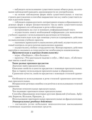 — наблюдать использование существительных общего рода, на осно-
вании наблюдений выводить закономерности их употребления;
— на основе наблюдения форм имён существительных в текстах
строить рассуждения о способах выражения числа у имён существитель-
ных в русском языке;
— соблюдать нормы русского литературного языка в образовании па-
дежных форм и форм множественного числа имён существительных
и контролировать их соблюдение в речи собеседника;
— воспринимать на слух и понимать информационный текст;
— осуществлять поиск необходимой информации для выполнения
учебного задания с использованием различных источников;
— самостоятельно или при помощи учителя планировать действия
по выполнению учебного проекта;
— оценивать правильность выполнения действий, осуществлять ито-
говый контроль по результатам выполнения задания;
— осуществлять учебное сотрудничество. Контролировать действия
партнёра и оказывать в сотрудничестве необходимую взаимопомощь.
Практическая и игровая деятельность:
— игры: «Наоборот», «Кто больше»;
— проекты: «Что рассказали падежи о себе», «Моё имя», «Собствен-
ные имена в моей семье».
Такие разные признаки предметов
Значение имён прилагательных.
Описание свойств и качеств предметов с помощью прилагательных.
Как в старину использовали прилагательные в обращениях.
Сравнение качеств, свойств предметов с помощью степеней сравне-
ния.
Особенности использования в речи степеней сравнения качествен-
ных прилагательных.
Исправление речевых ошибок и недочётов в использовании степеней
сравнения.
Значение относительных прилагательных.
Что называют притяжательные прилагательные.
Способы образования некоторых русских фамилий (Алёшин, Арбу-
зов, Борисов, Кольцов, Правдин…).
Использование притяжательных прилагательных во фразеологизмах.
Универсальные учебные действия:
— составлять устно небольшое монологическое высказывание
с помощью заданных языковых средств;
55
 