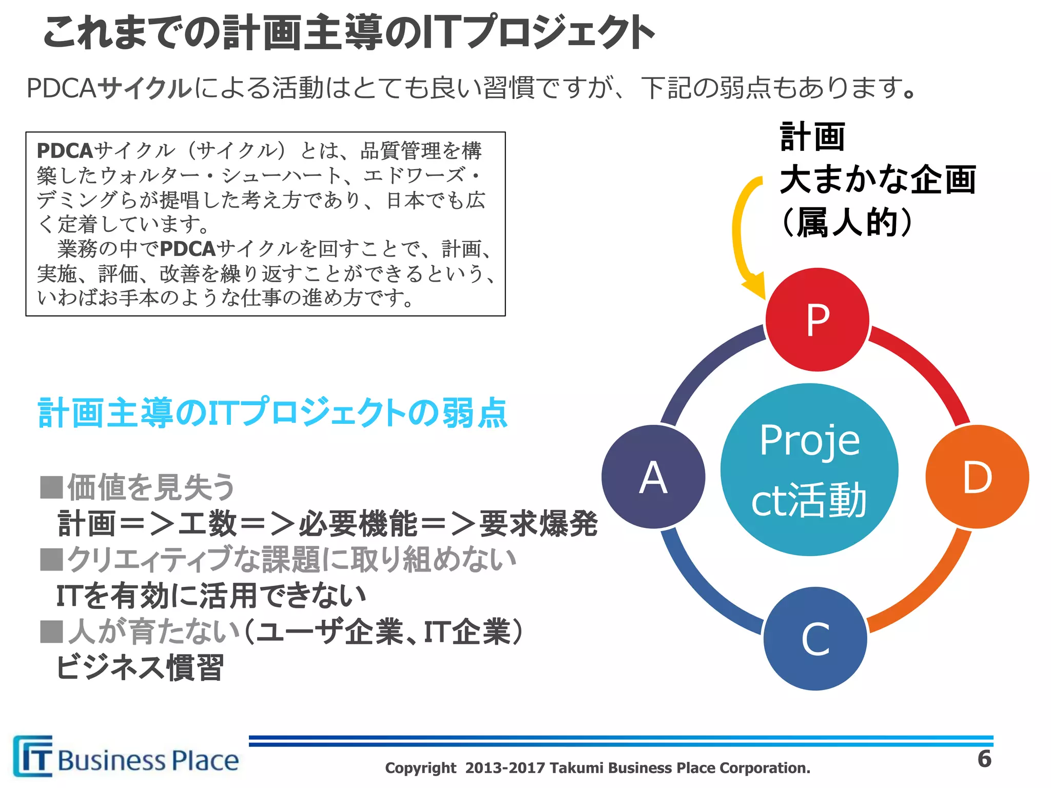 Copyright 2013-2017 Takumi Business Place Corporation.
これまでの計画主導のＩＴプロジェクト
Proje
ct活動
Ｐ
Ｄ
Ｃ
Ａ
計画主導のＩＴプロジェクトの弱点
■価値を見失う
計画＝＞工数＝＞必要機能＝＞要求爆発
■クリエィティブな課題に取り組めない
ＩＴを有効に活用できない
■人が育たない（ユーザ企業、ＩＴ企業）
ビジネス慣習
6
PDCAサイクルによる活動はとても良い習慣ですが、下記の弱点もあります。
PDCAサイクル（サイクル）とは、品質管理を構
築したウォルター・シューハート、エドワーズ・
デミングらが提唱した考え方であり、日本でも広
く定着しています。
業務の中でPDCAサイクルを回すことで、計画、
実施、評価、改善を繰り返すことができるという、
いわばお手本のような仕事の進め方です。
 