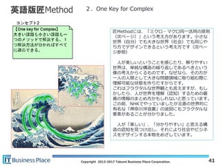 Copyright 2013-2017 Takumi Business Place Corporation. 41
英語版匠Method
匠Methodには、「ミクロ・マクロ同一活用の原則
（次ページ）」という考え方があります。小さな
世界（自...