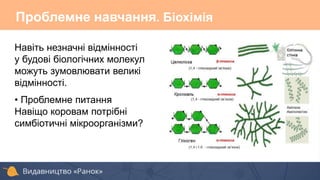 Навіть незначні відмінності
у будові біологічних молекул
можуть зумовлювати великі
відмінності.
• Проблемне питання
Навіщо коровам потрібні
симбіотичні мікроорганізми?
Проблемне навчання. Біохімія
 