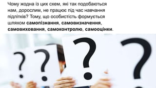 Чому жодна із цих схем, які так подобаються
нам, дорослим, не працює під час навчання
підлітків? Тому, що особистість формується
шляхом самопізнання, самовизначення,
самовиховання, самоконтролю, самооцінки.
 
