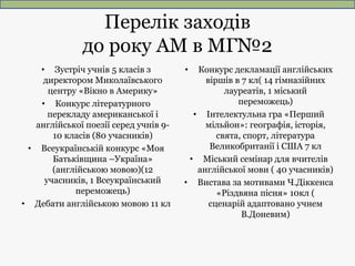 Перелік заходів
до року АМ в МГ№2
• Зустріч учнів 5 класів з
директором Миколаївського
центру «Вікно в Америку»
• Конкурс ...