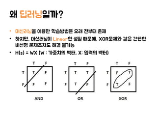 왜 딥러닝일까?
• 머신러닝을 이용한 학습방법은 오래 전부터 존재
• 하지만, 머신러닝이 Linear한 성질 때문에, XOR문제와 같은 간단한
비선형 문제조차도 해결 불가능
• H(s) = WX (W : 가중치의 벡터, X: 입력의 벡터)
 