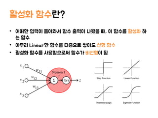 활성화 함수란?
• 어떠한 입력이 들어와서 함수 출력이 나왔을 때, 이 함수를 활성화 하
는 함수
• 아무리 Linear한 함수를 다층으로 쌓아도 선형 함수
• 활성화 함수를 사용함으로써 함수가 비선형이 됨
 
