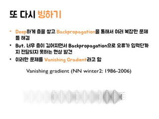 또 다시 빙하기
• Deep하게 층을 쌓고 Backpropagation을 통해서 여러 복잡한 문제
들 해결
• But, 너무 층이 깊어지면서 Backpropagation으로 오류가 입력단까
지 전달되지 못하는 현상 발견
• 이러한 문제를 Vanishing Gradient라고 함
 
