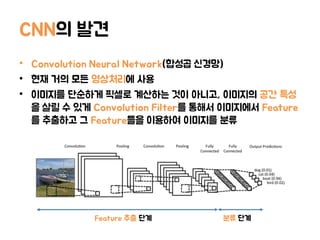 CNN의 발견
• Convolution Neural Network(합성곱 신경망)
• 현재 거의 모든 영상처리에 사용
• 이미지를 단순하게 픽셀로 계산하는 것이 아니고, 이미지의 공간 특성
을 살릴 수 있게 Convolution Filter를 통해서 이미지에서 Feature
를 추출하고 그 Feature들을 이용하여 이미지를 분류
Feature 추출 단계 분류 단계
 