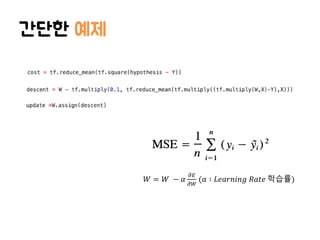 간단한 예제
𝑊 = 𝑊 − 𝛼
𝜕𝐸
𝜕𝑊
(𝛼 ∶ 𝐿𝑒𝑎𝑟𝑛𝑖𝑛𝑔 𝑅𝑎𝑡𝑒 학습률)
 