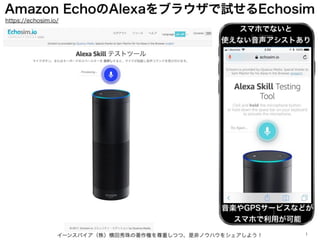 Amazon EchoのAlexaをブラウザで試せるEchosim
イーンスパイア（株）横田秀珠の著作権を尊重しつつ、是非ノウハウをシェアしよう！ 1
https://echosim.io/
スマホでないと
使えない音声アシストあり
音楽やGPSサービスなどが
スマホで利用が可能
 
