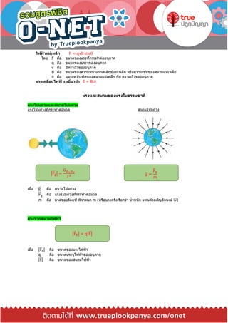 ไฟฟ้ าแม่เหล็ก F = qvB sin θ
โดย F คือ ขนาดของแรงที่กระทาต่ออนุภาค
q คือ ขนาดของประจุของอนุภาค
v คือ อัตราเร็วของอนุภาค
B คือ ขนาดของความหนาแน่นฟลักซ์แม่เหล็ก หรือความเข ้มของสนามแม่เหล็ก
θ คือ มุมระหว่างทิศของสนามแม่เหล็ก กับ ความเร็วของอนุภาค
แรงเคลื่อนไฟฟ้ าเหนี่ยวนา E = BLv
แรงและสนามของแรงในธรรมชาติ
แรงโน้มถ่วงและสนามโน้มถ่วง
แรงโน้มถ่วงที่กระทาต่อมวล สนามโน้มถ่วง
เมื่อ g⃑ คือ สนามโน้มถ่วง
F⃑ g คือ แรงโน้มถ่วงที่กระทาต่อมวล
m คือ มวลของวัตถุที่ พิจารณา m (หรือบางครั้งเรียกว่า น้าหนัก แทนด ้วยสัญลักษณ์ w⃑⃑⃑ )
แรงจากสนามไฟฟ้ า
เมื่อ |F⃑ E| คือ ขนาดของแรงไฟฟ้า
q คือ ขนาดประจุไฟฟ้าของอนุภาค
|E⃑⃑ | คือ ขนาดของสนามไฟฟ้า
|F⃑ g| =
Gm1m2
r2 g⃑ =
F⃑ g
m
|F⃑ E| = q|E⃑⃑ |
 