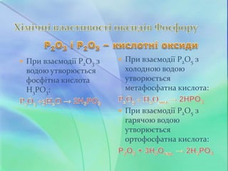  При взаємодії Р2О3 з
водою утворюється
фосфітна кислота
Н3РО3:
 При взаємодії Р2О5 з
холодною водою
утворюється
метафосфатна кислота:
 При взаємодії Р2О5 з
гарячою водою
утворюється
ортофосфатна кислота:
 