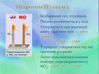  Безбарвний газ, отруйний
 Погано розчиняється у воді
 Утворюється при взаємодії
азоту з киснем при
 У природі утворюється під час
грозових розрядів
 Легко окиснюється киснем
повітря, перетворюючись у
NO2
Перетворення NO
у NO2 на повітрі
 