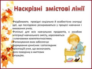 відбивають провідні соціально й особистісно значущі
ідеї, що послідовно розкриваються у процесі навчання і
виховання учнів;
спільні для всіх навчальних предметів, є засобом
інтеграції навчального змісту, корелюються
з ключовими компетентностями;
опанування яких забезпечує
формування ціннісних і світоглядних
орієнтацій учня, що визначають
його поведінку в життєвих
ситуаціях.
 