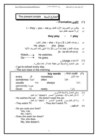 /‫ت‬ ‫ﺧﻠﯿﻞ‬ ‫اﺑﺮاھﯿﻢ‬ ‫ﻣﺤﻤﺪ‬ ‫أ/اﺑﺮاھﯿﻢ‬٠١٢٢١٩٩٥٦٣٠face/ibrheemmohamedibrheem
١٠
The present simple 
)١(‫اﻟﺗﻛوﯾن‬Formation:-
‫ﻣﻊ‬ ‫ﻟﻠﻔﻌﻞ‬ ‫اﻷول‬ ‫اﻟﺘﺼﺮﯾﻒ‬ ‫ﻣﻦ‬ ‫ﯾﺘﻜﻮن‬I – they – you – we
‫ﺷﯿﺌﺎ‬ ‫ﻟﻠﻔﻌﻞ‬ ‫ﻧﻀﯿﻒ‬ ‫ﻻ‬ ‫أى‬
I play-they play
) ‫ﻟﻠﻔﻌﻞ‬ ‫ﯾﻀﺎف‬ ‫و‬S‫ﻣﻊ‬ (he – she – it‫اﻟﻤﻔﺮد‬ ‫و‬
He plays - she plays
) ‫ﻟﻠﻔﻌﻞ‬ ‫ﯾﻀﺎف‬es‫ﻣ‬ ‫ﺑﺪﻻ‬ (‫ﻦ‬)S‫اﻵﺗﯿﺔ‬ ‫اﻟﺤﺮوف‬ ‫ﺑﺄﺣﺪ‬ ‫اﻧﺘﮭﻰ‬ ‫إذا‬ (
ss-sh-ch-o-x)(s-
Watch he watches.
Go he goes.
)٢(‫اﻻﺳﺘﺨﺪام‬Usage:-
. ‫ﻣﺘﻜﺮرة‬ ‫ﻋﺎدة‬ ‫أو‬ ‫ﻋﺎﻣﺔ‬ ‫ﺣﻘﯿﻘﺔ‬ ‫ﻋﻦ‬ ‫اﻟﺒﺴﯿﻂ‬ ‫اﻟﻤﻀﺎرع‬ ‫ﯾﻌﺒﺮ‬
- I go to school every day.
- The sun rises in the morning.
)٣(: ‫اﻟﺪاﻟﺔ‬ ‫اﻟﻜﻠﻤﺎت‬key words
every ‫ﻛﻞ‬ nowadays ‫اﻷﯾﺎم‬ ‫ھﺬه‬
sometimes ً‫ﺎ‬‫أﺣﯿﺎﻧ‬ often ً‫ﺎ‬‫ﻏﺎﻟﺒ‬
usually ‫ﻋﺎدة‬ always ً‫ﺎ‬‫داﺋﻤ‬
generally ‫ﻋﻤﻮﻣﺎ‬
never ‫أﺑﺪا‬ rarely ً‫ا‬‫ﻧﺎدر‬
)٤(‫ﻛﺎﻵﺗﻰ‬ ‫اﻟﺒﺴﯿﻂ‬ ‫اﻟﻤﻀﺎرع‬ ‫وﯾﻨﻔﻰ‬:-
١-‫ﺑﮫ‬ ‫اﻟﻔﻌﻞ‬ ‫ﻛﺎن‬ ‫إذا‬S–es‫اﻟﻤﺼﺪر‬ " ‫ﻓﻨﻀﻊ‬doesn’t. ‫اﻟﻔﻌﻞ‬ ‫ﺑﺪل‬ "
- He washes the car. -He doesn’t wash the car.
٢-‫ﺑﺪون‬ ‫اﻟﻔﻌﻞ‬ ‫ﻛﺎن‬ ‫وإذا‬S+ ‫اﻟﻤﺼﺪر‬ " ‫ﻓﻨﻀﻊ‬don’t. ‫اﻟﻔﻌﻞ‬ ‫ﺑﺪل‬ "
- They watch TV. - They don’t watch TV.
)٥(: ‫اﻻﺳﺘﻔﮭﺎم‬
- Do you cook your food?
Yes, I do.
No, I don’t.
- Does she wash her dress?
Yes, she does.
No, she doesn’t.
 