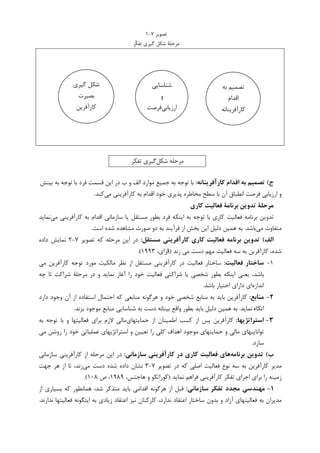 ‫ﺗﺼﻮﻳﺮ‬۷-۱
‫ﹼﺮ‬‫ﮑ‬‫ﺗﻔ‬ ‫ﮔﻴﺮﻱ‬ ‫ﺷﮑﻞ‬ ‫ﻣﺮﺣﻠﺔ‬
‫ﺷﮑﻞ‬ ‫ﻣﺮﺣﻠﻪ‬‫ﺗﻔﮑﺮ‬ ‫ﮔﻴﺮﻱ‬
‫ج‬(‫ﻛﺎرآﻓﺮﻳﻨﺎﻧﻪ‬ ‫اﻗﺪام‬ ‫ﺑﻪ‬ ‫ﺗﺼﻤﻴﻢ‬:‫ﺑﻴﻨﺶ‬ ‫ﺑﻪ‬ ‫ﺗﻮﺟﻪ‬ ‫ﺑﺎ‬ ‫ﻓﺮﺩ‬ ‫ﻗﺴﻤﺖ‬ ‫ﺍﻳﻦ‬ ‫ﺩﺭ‬ ‫ﺏ‬ ‫ﻭ‬ ‫ﺍﻟﻒ‬ ‫ﻣﻮﺍﺭﺩ‬ ‫ﺟﻤﻴﻊ‬ ‫ﺑﻪ‬ ‫ﺗﻮﺟﻪ‬ ‫ﺑﺎ‬
‫ﻣﻲ‬ ‫ﮐﺎﺭﺁﻓﺮﻳﻨﻲ‬ ‫ﺑﻪ‬ ‫ﺍﻗﺪﺍﻡ‬ ‫ﺧﻮﺩ‬ ‫ﭘﺬﻳﺮﻱ‬ ‫ﻣﺨﺎﻃﺮﻩ‬ ‫ﺳﻄﺢ‬ ‫ﺑﺎ‬ ‫ﺁﻥ‬ ‫ﺍﻧﻄﺒﺎﻕ‬ ‫ﻓﺮﺻﺖ‬ ‫ﺍﺭﺯﻳﺎﺑﻲ‬ ‫ﻭ‬‫ﮐﻨﺪ‬.
‫ﻛﺎري‬ ‫ﻓﻌﺎﻟﻴﺖ‬ ‫ﺑﺮﻧﺎﻣﺔ‬ ‫ﺗﺪوﻳﻦ‬ ‫ﻣﺮﺣﻠﺔ‬
‫ﺑﺮﻧﺎﻣﻪ‬ ‫ﺗﺪﻭﻳﻦ‬‫ﮐﺎﺭﻱ‬ ‫ﻓﻌﺎﻟﻴﺖ‬‫ﻣﻲ‬ ‫ﮐﺎﺭﺁﻓﺮﻳﻨﻲ‬ ‫ﺑﻪ‬ ‫ﺍﻗﺪﺍﻡ‬ ‫ﺳﺎﺯﻣﺎﻧﻲ‬ ‫ﻳﺎ‬ ‫ﻣﺴﺘﻘﻞ‬ ‫ﺑﻄﻮﺭ‬ ‫ﻓﺮﺩ‬ ‫ﺍﻳﻨﮑﻪ‬ ‫ﺑﻪ‬ ‫ﺗﻮﺟﻪ‬ ‫ﺑﺎ‬‫ﻧﻤﺎﻳﺪ‬
‫ﻣﻲ‬ ‫ﻣﺘﻔﺎﻭﺕ‬‫ﺑﺎﺷﺪ‬.‫ﺍﺳﺖ‬ ‫ﺷﺪﻩ‬ ‫ﻣﺸﺎﻫﺪﻩ‬ ‫ﺻﻮﺭﺕ‬ ‫ﺩﻭ‬ ‫ﺑﻪ‬ ‫ﻓﺮﺁﻳﻨﺪ‬ ‫ﺍﺯ‬ ‫ﺑﺨﺶ‬ ‫ﺍﻳﻦ‬ ‫ﺩﻟﻴﻞ‬ ‫ﻫﻤﻴﻦ‬ ‫ﺑﻪ‬.
‫اﻟﻒ‬(‫ﻣﺴﺘﻘﻞ‬ ‫ﻛﺎرآﻓﺮﻳﻨﻲ‬ ‫ﻛﺎري‬ ‫ﻓﻌﺎﻟﻴﺖ‬ ‫ﺑﺮﻧﺎﻣﻪ‬ ‫ﺗﺪوﻳﻦ‬:‫ﺗﺼﻮﻳﺮ‬ ‫ﮐﻪ‬ ‫ﻣﺮﺣﻠﻪ‬ ‫ﺍﻳﻦ‬ ‫ﺩﺭ‬۷-۲‫ﺩﺍﺩﻩ‬ ‫ﻧﻤﺎﻳﺶ‬
‫ﺑ‬ ‫ﮐﺎﺭﺁﻓﺮﻳﻦ‬ ،‫ﺷﺪﻩ‬‫ﺯﻧﺪ‬ ‫ﻣﻲ‬ ‫ﺩﺳﺖ‬ ‫ﻣﻬﻢ‬ ‫ﻓﻌﺎﻟﻴﺖ‬ ‫ﺳﻪ‬ ‫ﻪ‬)،‫ﺮﺍﻱ‬‫ﻓ‬۱۹۹۳.(
۱-‫ﻓﻌﺎﻟﻴﺖ‬ ‫ﺳﺎﺧﺘﺎر‬:‫ﻣﻲ‬ ‫ﮐﺎﺭﺁﻓﺮﻳﻦ‬ ‫ﺗﻮﺟﻪ‬ ‫ﻣﻮﺭﺩ‬ ‫ﻣﺎﻟﮑﻴﺖ‬ ‫ﻧﻈﺮ‬ ‫ﺍﺯ‬ ‫ﻣﺴﺘﻘﻞ‬ ‫ﮐﺎﺭﺁﻓﺮﻳﻨﻲ‬ ‫ﺩﺭ‬ ‫ﻓﻌﺎﻟﻴﺖ‬ ‫ﺳﺎﺧﺘﺎﺭ‬
‫ﺧﻮﺩ‬ ‫ﻓﻌﺎﻟﻴﺖ‬ ‫ﺷﺮﺍﮐﺘﻲ‬ ‫ﻳﺎ‬ ‫ﺷﺨﺼﻲ‬ ‫ﺑﻄﻮﺭ‬ ‫ﺍﻳﻨﮑﻪ‬ ‫ﻳﻌﻨﻲ‬ ،‫ﺑﺎﺷﺪ‬‫ﭼﻪ‬ ‫ﺗﺎ‬ ‫ﺷﺮﺍﮐﺖ‬ ‫ﻣﺮﺣﻠﺔ‬ ‫ﺩﺭ‬ ‫ﻭ‬ ‫ﻧﻤﺎﻳﺪ‬ ‫ﺁﻏﺎﺯ‬ ‫ﺭﺍ‬
‫ﺍﻧﺪﺍﺯﻩ‬‫ﺑﺎﺷﺪ‬ ‫ﺍﺧﺘﻴﺎﺭ‬ ‫ﺩﺍﺭﺍﻱ‬ ‫ﺍﻱ‬.
2-‫ﻣﻨﺎﺑﻊ‬:‫ﮐﺎﺭﺁﻓﺮﻳﻦ‬‫ﺩﺍﺭﺩ‬ ‫ﻭﺟﻮﺩ‬ ‫ﺁﻥ‬ ‫ﺍﺯ‬ ‫ﺍﺳﺘﻔﺎﺩﻩ‬ ‫ﺍﺣﺘﻤﺎﻝ‬ ‫ﮐﻪ‬ ‫ﻣﻨﺎﺑﻌﻲ‬ ‫ﻫﺮﮔﻮﻧﻪ‬ ‫ﻭ‬ ‫ﺧﻮﺩ‬ ‫ﺷﺨﺼﻲ‬ ‫ﻣﻨﺎﺑﻊ‬ ‫ﺑﻪ‬ ‫ﺑﺎﻳﺪ‬
‫ﻧﻤﺎﻳﺪ‬ ‫ﺍﺗﮑﺎﺀ‬.‫ﺑﺰﻧﺪ‬ ‫ﻣﻮﺟﻮﺩ‬ ‫ﻣﻨﺎﺑﻊ‬ ‫ﺷﻨﺎﺳﺎﻳﻲ‬ ‫ﺑﻪ‬ ‫ﺩﺳﺖ‬ ‫ﺑﻴﻨﺎﻧﻪ‬ ‫ﻭﺍﻗﻊ‬ ‫ﺑﻄﻮﺭ‬ ‫ﺑﺎﻳﺪ‬ ‫ﺩﻟﻴﻞ‬ ‫ﻫﻤﻴﻦ‬ ‫ﺑﻪ‬.
3-‫اﺳﺘﺮاﺗﮋﻳﻬﺎ‬:‫ﺣﻤﺎﻳﺘﻬﺎﻱ‬ ‫ﺍﺯ‬ ‫ﺍﻃﻤﻴﻨﺎﻥ‬ ‫ﮐﺴﺐ‬ ‫ﺍﺯ‬ ‫ﭘﺲ‬ ‫ﮐﺎﺭﺁﻓﺮﻳﻦ‬‫ﺑﻪ‬ ‫ﺗﻮﺟﻪ‬ ‫ﺑﺎ‬ ‫ﻭ‬ ‫ﻓﻌﺎﻟﻴﺘﻬﺎ‬ ‫ﺑﺮﺍﻱ‬ ‫ﻻﺯﻡ‬ ‫ﻣﺎﻟﻲ‬
‫ﺗﻮﺍﻧﺎﻳﻴﻬﺎﻱ‬‫ﻣﻲ‬ ‫ﺭﻭﺷﻦ‬ ‫ﺭﺍ‬ ‫ﺧﻮﺩ‬ ‫ﻋﻤﻠﻴﺎﺗﻲ‬ ‫ﺍﺳﺘﺮﺍﺗﮋﻳﻬﺎﻱ‬ ‫ﻭ‬ ‫ﺗﻌﻴﻴﻦ‬ ‫ﺭﺍ‬ ‫ﮐﻠﻲ‬ ‫ﺍﻫﺪﺍﻑ‬ ‫ﻣﻮﺟﻮﺩ‬ ‫ﺣﻤﺎﻳﺘﻬﺎﻱ‬ ‫ﻭ‬ ‫ﻣﺎﻟﻲ‬
‫ﺳﺎﺯﺩ‬.
‫ب‬(‫ﺑﺮﻧﺎﻣﻪ‬ ‫ﺗﺪوﻳﻦ‬‫ﺳﺎزﻣﺎﻧﻲ‬ ‫ﻛﺎرآﻓﺮﻳﻨﻲ‬ ‫در‬ ‫ﻛﺎري‬ ‫ﻓﻌﺎﻟﻴﺖ‬ ‫ﻫﺎي‬:‫ﺳﺎﺯﻣﺎﻧﻲ‬ ‫ﮐﺎﺭﺁﻓﺮﻳﻨﻲ‬ ‫ﺍﺯ‬ ‫ﻣﺮﺣﻠﻪ‬ ‫ﺍﻳﻦ‬ ‫ﺩﺭ‬
‫ﺗﺼﻮﻳﺮ‬ ‫ﺩﺭ‬ ‫ﮐﻪ‬ ‫ﺍﺻﻠﻲ‬ ‫ﻓﻌﺎﻟﻴﺖ‬ ‫ﻧﻮﻉ‬ ‫ﺳﻪ‬ ‫ﺑﻪ‬ ‫ﮐﺎﺭﺁﻓﺮﻳﻦ‬ ‫ﻣﺪﻳﺮ‬۷-۳‫ﻣﻲ‬ ‫ﺩﺳﺖ‬ ‫ﺷﺪﻩ‬ ‫ﺩﺍﺩﻩ‬ ‫ﻧﺸﺎﻥ‬‫ﺍﺯ‬ ‫ﺗﺎ‬ ،‫ﺯﻧﺪ‬‫ﺟﻬﺖ‬ ‫ﻫﺮ‬
‫ﻧﻤﺎﻳﺪ‬ ‫ﻓﺮﺍﻫﻢ‬ ‫ﮐﺎﺭﺁﻓﺮﻳﻨﻲ‬ ‫ﺗﻔﮑﺮ‬ ‫ﺍﺟﺮﺍﻱ‬ ‫ﺑﺮﺍﻱ‬ ‫ﺭﺍ‬ ‫ﺯﻣﻴﻨﻪ‬)،‫ﻫﺎﺟﺘﺲ‬ ‫ﻭ‬ ‫ﮐﻮﺭﺍﺗﮑﻮ‬۱۹۸۹‫ﺹ‬ ،۱۰۸.(
1-‫ﺳﺎزﻣﺎﻧﻲ‬ ‫ﺗﻔﻜﺮ‬ ‫ﻣﺠﺪد‬ ‫ﻣﻬﻨﺪﺳﻲ‬:‫ﺍﺯ‬ ‫ﺑﺴﻴﺎﺭﻱ‬ ‫ﮐﻪ‬ ‫ﻫﻤﺎﻧﻄﻮﺭ‬ ،‫ﺷﺪ‬ ‫ﻣﺘﺬﮐﺮ‬ ‫ﺑﺎﻳﺪ‬ ‫ﺍﻗﺪﺍﻣﻲ‬ ‫ﻫﺮﮔﻮﻧﻪ‬ ‫ﺍﺯ‬ ‫ﻗﺒﻞ‬
‫ﺍﻳ‬ ‫ﺑﻪ‬ ‫ﺯﻳﺎﺩﻱ‬ ‫ﺍﻋﺘﻘﺎﺩ‬ ‫ﻧﻴﺰ‬ ‫ﮐﺎﺭﮐﻨﺎﻥ‬ ،‫ﻧﺪﺍﺭﺩ‬ ‫ﺍﻋﺘﻘﺎﺩ‬ ‫ﺳﺎﺧﺘﺎﺭ‬ ‫ﺑﺪﻭﻥ‬ ‫ﻭ‬ ‫ﺁﺯﺍﺩ‬ ‫ﻓﻌﺎﻟﻴﺘﻬﺎﻱ‬ ‫ﺑﻪ‬ ‫ﻣﺪﻳﺮﺍﻥ‬‫ﻧﺪﺍﺭﻧﺪ‬ ‫ﻓﻌﺎﻟﻴﺘﻬﺎ‬ ‫ﻨﮕﻮﻧﻪ‬.
‫ﮔﻴﺮﻱ‬ ‫ﺷﮑﻞ‬
‫ﺑﺼﻴﺮﺕ‬
‫ﮐﺎﺭﺁﻓﺮﻳﻦ‬
‫ﺷﻨﺎﺳﺎﻳﻲ‬
‫ﻭ‬
‫ﺍﺭﺯﻳﺎﺑﻲ‬‫ﻓﺮﺻﺖ‬
‫ﺑﻪ‬ ‫ﺗﺼﻤﻴﻢ‬
‫ﺍﻗﺪﺍﻡ‬
‫ﮐﺎﺭﺁﻓﺮﻳﻨﺎﻧﻪ‬
 