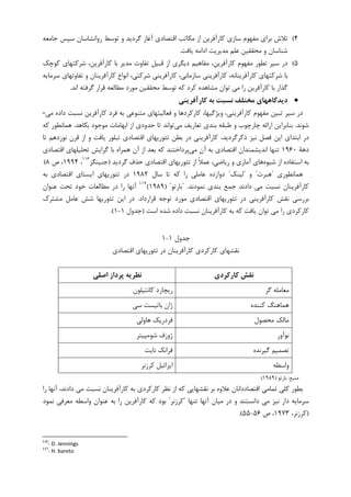 ۴(‫ﮔﺮﺩﻳﺪ‬ ‫ﺁﻏﺎﺯ‬ ‫ﺍﻗﺘﺼﺎﺩﻱ‬ ‫ﻣﮑﺎﺗﺐ‬ ‫ﺍﺯ‬ ‫ﮐﺎﺭﺁﻓﺮﻳﻦ‬ ‫ﺳﺎﺯﻱ‬ ‫ﻣﻔﻬﻮﻡ‬ ‫ﺑﺮﺍﻱ‬ ‫ﺗﻼﺵ‬‫ﺟﺎﻣﻌﻪ‬ ‫ﺳﭙﺲ‬ ‫ﺭﻭﺍﻧﺸﺎﺳﺎﻥ‬ ‫ﺗﻮﺳﻂ‬ ‫ﻭ‬
‫ﻳﺎﻓﺖ‬ ‫ﺍﺩﺍﻣﻪ‬ ‫ﻣﺪﻳﺮﻳﺖ‬ ‫ﻋﻠﻢ‬ ‫ﻣﺤﻘﻘﻴﻦ‬ ‫ﻭ‬ ‫ﺷﻨﺎﺳﺎﻥ‬.
۵(‫ﺷﺮﮐﺘ‬ ،‫ﮐﺎﺭﺁﻓﺮﻳﻦ‬ ‫ﺑﺎ‬ ‫ﻣﺪﻳﺮ‬ ‫ﺗﻔﺎﻭﺕ‬ ‫ﻗﺒﻴﻞ‬ ‫ﺍﺯ‬ ‫ﺩﻳﮕﺮﻱ‬ ‫ﻣﻔﺎﻫﻴﻢ‬ ،‫ﮐﺎﺭﺁﻓﺮﻳﻦ‬ ‫ﻣﻔﻬﻮﻡ‬ ‫ﺗﻄﻮﺭ‬ ‫ﺳﻴﺮ‬ ‫ﺩﺭ‬‫ﮐﻮﭼﮏ‬ ‫ﻬﺎﻱ‬
‫ﺳﺮﻣﺎﻳﻪ‬ ‫ﺗﻔﺎﻭﺗﻬﺎﻱ‬ ‫ﻭ‬ ‫ﮐﺎﺭﺁﻓﺮﻳﻨﺎﻥ‬ ‫ﺍﻧﻮﺍﻉ‬ ،‫ﺷﺮﮐﺘﻲ‬ ‫ﮐﺎﺭﺁﻓﺮﻳﻨﻲ‬ ،‫ﺳﺎﺯﻣﺎﻧﻲ‬ ‫ﮐﺎﺭﺁﻓﺮﻳﻨﻲ‬ ،‫ﮐﺎﺭﺁﻓﺮﻳﻨﺎﻧﻪ‬ ‫ﺷﺮﮐﺘﻬﺎﻱ‬ ‫ﺑﺎ‬
‫ﺍﻧﺪ‬ ‫ﮔﺮﻓﺘﻪ‬ ‫ﻗﺮﺍﺭ‬ ‫ﻣﻄﺎﻟﻌﻪ‬ ‫ﻣﻮﺭﺩ‬ ‫ﻣﺤﻘﻘﻴﻦ‬ ‫ﺗﻮﺳﻂ‬ ‫ﮐﻪ‬ ‫ﮐﺮﺩ‬ ‫ﻣﺸﺎﻫﺪﻩ‬ ‫ﺗﻮﺍﻥ‬ ‫ﻣﻲ‬ ‫ﺭﺍ‬ ‫ﮐﺎﺭﺁﻓﺮﻳﻦ‬ ‫ﺑﺎ‬ ‫ﮔﺬﺍﺭ‬.
••••‫ﻛﺎرآﻓﺮﻳﻨﻲ‬ ‫ﺑﻪ‬ ‫ﻧﺴﺒﺖ‬ ‫ﻣﺨﺘﻠﻒ‬ ‫دﻳﺪﮔﺎﻫﻬﺎي‬
‫ﻭﻳﮋﮔ‬ ،‫ﮐﺎﺭﺁﻓﺮﻳﻨﻲ‬ ‫ﻣﻔﻬﻮﻡ‬ ‫ﺗﺒﻴﻦ‬ ‫ﺳﻴﺮ‬ ‫ﺩﺭ‬‫ﻣﻲ‬ ‫ﺩﺍﺩﻩ‬ ‫ﻧﺴﺒﺖ‬ ‫ﮐﺎﺭﺁﻓﺮﻳﻦ‬ ‫ﻓﺮﺩ‬ ‫ﺑﻪ‬ ‫ﻣﺘﻨﻮﻋﻲ‬ ‫ﻓﻌﺎﻟﻴﺘﻬﺎﻱ‬ ‫ﻭ‬ ‫ﮐﺎﺭﮐﺮﺩﻫﺎ‬ ،‫ﻴﻬﺎ‬-
‫ﺷﻮﻧﺪ‬.‫ﻣﻲ‬ ‫ﺗﻌﺎﺭﻳﻒ‬ ‫ﺑﻨﺪﻱ‬ ‫ﻃﺒﻘﻪ‬ ‫ﻭ‬ ‫ﭼﺎﺭﭼﻮﺏ‬ ‫ﺍﺭﺍﺋﻪ‬ ‫ﺑﻨﺎﺑﺮﺍﻳﻦ‬‫ﺑﮑﺎﻫﺪ‬ ‫ﻣﻮﺟﻮﺩ‬ ‫ﺍﺑﻬﺎﻣﺎﺕ‬ ‫ﺍﺯ‬ ‫ﺣﺪﻭﺩﻱ‬ ‫ﺗﺎ‬ ‫ﺗﻮﺍﻧﺪ‬.‫ﮐﻪ‬ ‫ﻫﻤﺎﻧﻄﻮﺭ‬
‫ﻧﻮﺯﺩﻫﻢ‬ ‫ﻗﺮﻥ‬ ‫ﺍﺯ‬ ‫ﻭ‬ ‫ﻳﺎﻓﺖ‬ ‫ﺗﺒﻠﻮﺭ‬ ‫ﺍﻗﺘﺼﺎﺩﻱ‬ ‫ﺗﺌﻮﺭﻳﻬﺎﻱ‬ ‫ﺑﻄﻦ‬ ‫ﺩﺭ‬ ‫ﮐﺎﺭﺁﻓﺮﻳﻨﻲ‬ ،‫ﺫﮐﺮﮔﺮﺩﻳﺪ‬ ‫ﻧﻴﺰ‬ ‫ﻓﺼﻞ‬ ‫ﺍﻳﻦ‬ ‫ﺍﺑﺘﺪﺍﻱ‬ ‫ﺩﺭ‬‫ﺗﺎ‬
‫ﺩﻫﺔ‬۱۹۶۰‫ﻣﻲ‬ ‫ﺁﻥ‬ ‫ﺑﻪ‬ ‫ﺍﻗﺘﺼﺎﺩﻱ‬ ‫ﺍﻧﺪﻳﺸﻤﻨﺪﺍﻥ‬ ‫ﺗﻨﻬﺎ‬‫ﮐﻪ‬ ‫ﭘﺮﺩﺍﺧﺘﻨﺪ‬‫ﺍﻗﺘﺼﺎﺩﻱ‬ ‫ﺗﺤﻠﻴﻠﻬﺎﻱ‬ ‫ﮔﺮﺍﻳﺶ‬ ‫ﺑﺎ‬ ‫ﻫﻤﺮﺍﻩ‬ ‫ﺁﻥ‬ ‫ﺍﺯ‬ ‫ﺑﻌﺪ‬
‫ﺷﻴﻮﻩ‬ ‫ﺍﺯ‬ ‫ﺍﺳﺘﻔﺎﺩﻩ‬ ‫ﺑﻪ‬‫ﮔﺮﺩﻳﺪ‬ ‫ﺣﺬﻑ‬ ‫ﺍﻗﺘﺼﺎﺩﻱ‬ ‫ﺗﺌﻮﺭﻳﻬﺎﻱ‬ ‫ﺍﺯ‬ ‫ﹰ‬‫ﻼ‬‫ﻋﻤ‬ ،‫ﺭﻳﺎﺿﻲ‬ ‫ﻭ‬ ‫ﺁﻣﺎﺭﻱ‬ ‫ﻫﺎﻱ‬)‫ﺟﻨﻴﻨﮕﺰ‬١١٦
،۱۹۹۴‫ﺹ‬ ،۸(
‫ﻫﻤﺎﻧﻄﻮﺭﻱ‬"‫ﻫﺒﺮﺕ‬"‫ﻭ‬"‫ﻟﻴﻨﮏ‬"‫ﺳﺎﻝ‬ ‫ﺗﺎ‬ ‫ﮐﻪ‬ ‫ﺭﺍ‬ ‫ﻋﺎﻣﻠﻲ‬ ‫ﺩﻭﺍﺯﺩﻩ‬۱۹۸۲‫ﺩﺭ‬‫ﺑﻪ‬ ‫ﺍﻗﺘﺼﺎﺩﻱ‬ ‫ﺍﻳﺴﺘﺎﻱ‬ ‫ﺗﺌﻮﺭﻳﻬﺎﻱ‬
‫ﻧﻤﻮﺩﻧﺪ‬ ‫ﺑﻨﺪﻱ‬ ‫ﺟﻤﻊ‬ ‫ﺩﺍﺩﻧﺪ‬ ‫ﻣﻲ‬ ‫ﻧﺴﺒﺖ‬ ‫ﮐﺎﺭﺁﻓﺮﻳﻨﺎﻥ‬" .‫ﺑﺎﺭﺗﻮ‬) "۱۹۸۹(١١٧
‫ﻋﻨﻮﺍﻥ‬ ‫ﺗﺤﺖ‬ ‫ﺧﻮﺩ‬ ‫ﻣﻄﺎﻟﻌﺎﺕ‬ ‫ﺩﺭ‬ ‫ﺭﺍ‬ ‫ﺁﻧﻬﺎ‬
‫ﻗﺮﺍﺭﺩﺍﺩ‬ ‫ﺗﻮﺟﻪ‬ ‫ﻣﻮﺭﺩ‬ ‫ﺍﻗﺘﺼﺎﺩﻱ‬ ‫ﺗﺌﻮﺭﻳﻬﺎﻱ‬ ‫ﺩﺭ‬ ‫ﮐﺎﺭﺁﻓﺮﻳﻨﻲ‬ ‫ﻧﻘﺶ‬ ‫ﺑﺮﺭﺳﻲ‬.‫ﻣﺸﺘﺮﮎ‬ ‫ﻋﺎﻣﻞ‬ ‫ﺷﺶ‬ ‫ﺗﺌﻮﺭﻳﻬﺎ‬ ‫ﺍﻳﻦ‬ ‫ﺩﺭ‬
‫ﺩﺍﺩﻩ‬ ‫ﻧﺴﺒﺖ‬ ‫ﮐﺎﺭﺁﻓﺮﻳﻨﺎﻥ‬ ‫ﺑﻪ‬ ‫ﮐﻪ‬ ‫ﻳﺎﻓﺖ‬ ‫ﺗﻮﺍﻥ‬ ‫ﻣﻲ‬ ‫ﺭﺍ‬ ‫ﮐﺎﺭﮐﺮﺩﻱ‬‫ﺍﺳﺖ‬ ‫ﺷﺪﻩ‬)‫ﺟﺪﻭﻝ‬۱-۱.(
‫ﺟﺪﻭﻝ‬۱-۱
‫ﺍﻗﺘﺼﺎﺩﻱ‬ ‫ﺗﺌﻮﺭﻳﻬﺎﻱ‬ ‫ﺩﺭ‬ ‫ﮐﺎﺭﺁﻓﺮﻳﻨﺎﻥ‬ ‫ﮐﺎﺭﮐﺮﺩﻱ‬ ‫ﻧﻘﺸﻬﺎﻱ‬
‫ﻛﺎرﻛﺮدي‬ ‫ﻧﻘﺶ‬‫اﺻﻠﻲ‬ ‫ﭘﺮداز‬ ‫ﻧﻈﺮﻳﻪ‬
‫ﮔﺮ‬ ‫ﻣﻌﺎﻣﻠﻪ‬‫ﮐﺎﻧﺘﻴﻠﻮﻥ‬ ‫ﺭﻳﭽﺎﺭﺩ‬
‫ﮐﻨﻨﺪﻩ‬ ‫ﻫﻤﺎﻫﻨﮓ‬‫ﺳﻲ‬ ‫ﺑﺎﺗﻴﺴﺖ‬ ‫ﮊﺍﻥ‬
‫ﻣﺤﺼﻮﻝ‬ ‫ﻣﺎﻟﮏ‬‫ﻫﺎﻭﻟﻲ‬ ‫ﻓﺮﺩﺭﻳﮏ‬
‫ﻧﻮﺁﻭﺭ‬‫ﺷﻮﻣﭙﻴﺘﺮ‬ ‫ﮊﻭﺯﻑ‬
‫ﮔﻴﺮﻧﺪﻩ‬ ‫ﺗﺼﻤﻴﻢ‬‫ﻧﺎﻳﺖ‬ ‫ﻓﺮﺍﻧﮏ‬
‫ﻭﺍﺳﻄﻪ‬‫ﮐﺮﺯﻧﺮ‬ ‫ﺍﻳﺰﺍﺋﻴﻞ‬
‫ﻣﻨﺒﻊ‬:‫ﺑﺎﺭﺗﻮ‬)۱۹۸۹(
‫ﺭﺍ‬ ‫ﺁﻧﻬﺎ‬ ،‫ﺩﺍﺩﻧﺪ‬ ‫ﻣﻲ‬ ‫ﻧﺴﺒﺖ‬ ‫ﮐﺎﺭﺁﻓﺮﻳﻨﺎﻥ‬ ‫ﺑﻪ‬ ‫ﮐﺎﺭﮐﺮﺩﻱ‬ ‫ﻧﻈﺮ‬ ‫ﺍﺯ‬ ‫ﮐﻪ‬ ‫ﻧﻘﺸﻬﺎﻳﻲ‬ ‫ﺑﺮ‬ ‫ﻋﻼﻭﻩ‬ ‫ﺍﻗﺘﺼﺎﺩﺩﺍﻧﺎﻥ‬ ‫ﺗﻤﺎﻣﻲ‬ ‫ﮐﻠﻲ‬ ‫ﺑﻄﻮﺭ‬
‫ﺗﻨﻬﺎ‬ ‫ﺁﻧﻬﺎ‬ ‫ﻣﻴﺎﻥ‬ ‫ﺩﺭ‬ ‫ﻭ‬ ‫ﺩﺍﻧﺴﺘﻨﺪ‬ ‫ﻣﻲ‬ ‫ﻧﻴﺰ‬ ‫ﺩﺍﺭ‬ ‫ﺳﺮﻣﺎﻳﻪ‬"‫ﮐﺮﺯﻧﺮ‬"‫ﻧﻤﻮﺩ‬ ‫ﻣﻌﺮﻓﻲ‬ ‫ﻭﺍﺳﻄﻪ‬ ‫ﻋﻨﻮﺍﻥ‬ ‫ﺑﻪ‬ ‫ﺭﺍ‬ ‫ﮐﺎﺭﺁﻓﺮﻳﻦ‬ ‫ﮐﻪ‬ ‫ﺑﻮﺩ‬
)،‫ﮐﺮﺯﻧﺮ‬۱۹۷۳‫ﺹ‬ ،۵۶-۵۵.(
116
- D. Jennings
117
- H. bareto
 