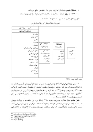 -‫ﻧﺴﺒﻲ‬ ‫اﺳﺘﻘﻼل‬:‫ﺩﺍﺭﻧﺪ‬ ‫ﻧﻴﺎﺯ‬ ‫ﻣﻨﺎﺑﻊ‬ ‫ﺗﺨﺼﻴﺺ‬ ‫ﺑﺮﺍﻱ‬ ‫ﻧﺴﺒﻲ‬ ‫ﺁﺯﺍﺩﻱ‬ ‫ﺑﻪ‬ ،‫ﻣﺒﺘﮑﺮﺍﻥ‬.
-‫ﭘﺬﻳﺮي‬ ‫ﻣﺨﺎﻃﺮه‬:‫ﻫﺴﺘﻨﺪ‬ ‫ﺳﻬﻴﻢ‬ ‫ﺳﺎﺯﻣﺎﻥ‬ ‫ﻣﻮﻓﻘﻴﺖ‬ ‫ﻋﺪﻡ‬ ‫ﻳﺎ‬ ‫ﻣﻮﻓﻘﻴﺖ‬ ‫ﺩﺭ‬ ‫ﻣﺒﺘﮑﺮﺍﻥ‬ ‫ﻭ‬ ‫ﻣﺪﻳﺮﺍﻥ‬.
‫ﺗﺼﻮﻳﺮ‬ ‫ﺩﺭ‬ ‫ﺷﺎﭘﻴﺮﻭ‬ ‫ﺭﻭﻳﺪﺍﺩﻱ‬ ‫ﻣﺪﻝ‬۳-۱‫ﺍﺳﺖ‬ ‫ﺷﺪﻩ‬ ‫ﺩﺍﺩﻩ‬ ‫ﻧﺸﺎﻥ‬.
‫ﺗﺼﻮﻳﺮ‬)۳-۱(‫ﮐﺎﺭﺁﻓﺮﻳﻨﻲ‬ ‫ﻓﺮﺁﻳﻨﺪ‬ ‫ﮔﻴﺮﻱ‬ ‫ﺷﮑﻞ‬ ‫ﻓﺮﺁﻳﻨﺪ‬
‫اﻣﻜﺎن‬ ‫از‬ ‫اﺳﺘﺒﺎط‬
‫ﺑﻮدن‬ ‫ﭘﺬﻳﺮ‬:
‫ﻣﺎﻟﻲ‬ ‫ﺣﻤﺎﻳﺖ‬
‫ﻫﺎ‬ ‫ﺣﻤﺎﻳﺖ‬ ‫ﺩﻳﮕﺮ‬
‫ﻧﻘﺶ‬ ‫ﺍﻟﮕﻮﻱ‬
‫ﺍﻓﺮﺍﺩ‬‫ﺑﺰﺭﮒ‬
‫ﺷﺮﮐﺎﺀ‬
‫از‬ ‫اﺳﺘﻨﺒﺎط‬
‫ﻫﺎ‬ ‫ﻣﻄﻠﻮﺑﻴﺖ‬:
‫ﻓﺮﻫﻨﮓ‬
‫ﺧﺎﻧﻮﺍﺩﻩ‬
‫ﻧﻘﺶ‬ ‫ﺍﻟﮕﻮﻱ‬
‫ﮐﺎﺭﻱ‬ ‫ﺗﺠﺮﺑﻪ‬
‫ﺗﺄﺳﻴﺲ‬
‫ﺷﺮﻛﺖ‬
‫زﻧﺪﮔﻲ‬ ‫ﻣﺴﻴﺮ‬ ‫ﺗﻐﻴﻴﺮ‬
‫ﻣﻨﻔﻲ‬ ‫ﻫﺎي‬ ‫ﺟﺎﺑﺠﺎﺋﻲ‬:
‫ﻣﻬﺎﺟﺮﺕ‬
‫ﺳﻮﺯﻱ‬ ‫ﺁﺗﺶ‬
‫ﺗﻮﻫﻴﻦ‬
‫ﻋﺼﺒﺎﻧﻴﺖ‬
‫ﺧﺴﺘﮕﻲ‬
‫ﻣﻴﺎﻧﺴﺎﻟﻲ‬ ‫ﺩﻭﺭﺍﻥ‬ ‫ﺑﺤﺮﺍﻧﻬﺎﻱ‬
‫ﺑﻴﻮﮔﺮﺍﻓﻲ‬ ‫ﻳﺎ‬ ‫ﻃﻼﻕ‬
‫ﺑﻴﻨﺎﺑﻴﻦ‬ ‫ﻋﻮاﻣﻞ‬:
‫ﻧﻈﺎﻡ‬ ‫ﺍﺯ‬ ‫ﺧﺮﺝ‬
‫ﻣﺪﺭﺳﻪ‬ ‫ﺍﺯ‬ ‫ﺧﺮﻭﺝ‬
‫ﺯﻧﺪﺍﻥ‬ ‫ﺍﺯ‬ ‫ﺧﺮﻭﺝ‬
‫ﺣﻮادث‬‫ﻣﺜﺒﺖ‬:
‫ﺷﺮﻳﮏ‬
‫ﮔﺬﺍﺭ‬ ‫ﺳﺮﻣﺎﻳﻪ‬
‫ﻣﺸﺘﺮﻱ‬
‫ﻣﻨﺒﻊ‬:‫ﺷﺎﭘﻴﺮﻭ‬ ‫ﺁﻟﺒﺮﺕ‬)۱۹۷۵(
2-‫ﺮاي‬‫ﻓ‬ ‫روﻳﺪادي‬ ‫ﻣﺪل‬)1993:(‫ﺷﺮﮐﺖ‬ ‫ﻳﮏ‬ ‫ﺗﺄﺳﻴﺲ‬ ‫ﺑﺮﺍﻱ‬ ‫ﮐﺎﺭﺁﻓﺮﻳﻦ‬ ‫ﺍﻧﮕﻴﺰﺓ‬ ‫ﺩﺭ‬ ‫ﻋﺎﻣﻞ‬ ‫ﺳﻪ‬ ‫ﺮﺍﻱ‬‫ﻓ‬ ‫ﻧﻈﺮ‬ ‫ﺍﺯ‬
‫ﺩﺍﺭﻧﺪ‬ ‫ﺩﺧﺎﻟﺖ‬ ‫ﻧﻮﭘﺎ‬.‫ﭘﻴﺸﻴﻨﻪ‬ ‫ﻳﺎ‬ ‫ﻣﻘﺪﻡ‬ ‫ﻣﺘﻐﻴﺮﻫﺎﻱ‬ ‫ﺍﺯ‬ ‫ﻋﺒﺎﺭﺗﻨﺪ‬ ‫ﻋﺎﻣﻞ‬ ‫ﺳﻪ‬ ‫ﺍﻳﻦ‬٢٤٧
‫ﺣﺮﮐﺖ‬ ‫ﻳﺎ‬ ‫ﮐﻨﻨﺪﻩ‬ ‫ﺗﺴﺮﻳﻊ‬ ‫ﻣﺘﻐﻴﺮﻫﺎﻱ‬ ،
‫ﺩﻫﻨﺪﻩ‬٢٤٨
‫ﻭ‬ ،‫ﺗﻮﺍﻧﺒﺨﺶ‬ ‫ﻣﺘﻐﻴﺮﻫﺎﻱ‬٢٤٩
.‫ﺗﺼﻤﻴﻢ‬ ‫ﺩﺭ‬ ‫ﺍﻧﮕﻴﺰﺷﻲ‬ ‫ﻧﻴﺮﻭﻫﺎﻱ‬ ‫ﺑﻌﻨﻮﺍﻥ‬ ‫ﻣﺘﻐﻴﺮﻫﺎ‬ ‫ﺍﺯ‬ ‫ﮔﺮﻭﻩ‬ ‫ﺳﻪ‬ ‫ﻫﺮ‬‫ﮔﻴﺮﻱ‬
‫ﺩﺍﺭﻧﺪ‬ ‫ﺩﺧﺎﻟﺖ‬ ‫ﮐﺎﺭﺁﻓﺮﻳﻦ‬.‫ﻣﻌﺎﺩﻟﺔ‬ ‫ﺍﺑﺘﺪﺍ‬ ‫ﺩﺭ‬‫ﺷﺪﻩ‬ ‫ﺩﺍﺩﻩ‬ ‫ﺑﺴﻂ‬ ‫ﺮﺍﻱ‬‫ﻓ‬ ‫ﺩﻳﺪﮔﺎﻩ‬ ‫ﺍﺯ‬ ‫ﮐﺎﺭﺁﻓﺮﻳﻨﻲ‬)‫ﺗﺼﻮﻳﺮ‬۳-۲(‫ﻣﺪﻝ‬ ‫ﺳﭙﺲ‬ ‫ﻭ‬
‫ﻭﻱ‬ ‫ﻓﺮﺁﻳﻨﺪﻱ‬)‫ﺗﺼﻮﻳﺮ‬۳-۳(‫ﻣﻲ‬ ‫ﺗﺸﺮﻳﺢ‬‫ﮔﺮﺩﺩ‬.
‫ﻣﻘﺪم‬ ‫ﻋﺎﻣﻞ‬:‫ﺳ‬ ‫ﺯﻣﻴﻨﻪ‬ ‫ﻣﺘﻐﻴﺮﻫﺎﻱ‬ ‫ﺑﺎ‬ ‫ﻡ‬‫ﺪ‬‫ﻣﻘ‬ ‫ﻋﺎﻣﻞ‬‫ﺎﺯ‬٢٥٠
‫ﺩﺍﺭﺩ‬ ‫ﺍﺭﺗﺒﺎﻁ‬.‫ﻣﻮﻗﻌﻴﺖ‬ ‫ﺍﻳﻦ‬‫ﻋﻮﺍﻣﻠﻲ‬ ،‫ﻭﻳﮋﮔﻴﻬﺎ‬ ‫ﻳﺎ‬ ‫ﻫﺎ‬
‫ﻣﻲ‬ ‫ﺑﺎﻋﺚ‬ ‫ﮐﻪ‬ ‫ﻫﺴﺘﻨﺪ‬‫ﺩﻫﺪ‬ ‫ﻗﺮﺍﺭ‬ ‫ﺑﺮﺭﺳﻲ‬ ‫ﻣﻮﺭﺩ‬ ‫ﺭﺍ‬ ‫ﮐﺎﺭﺁﻓﺮﻳﻨﻲ‬ ‫ﺍﻣﮑﺎﻧﺎﺕ‬ ‫ﻧﺎﺧﻮﺩﺁﮔﺎﻩ‬ ‫ﻭ‬ ‫ﺧﻮﺩﺁﮔﺎﻩ‬ ‫ﻃﻮﺭ‬ ‫ﺑﻪ‬ ‫ﻓﺮﺩ‬ ،‫ﺷﻮﻧﺪ‬.
‫ﺍﻳﻦ‬ ‫ﺍﺯ‬ ‫ﺑﻌﻀﻲ‬‫ﻣﻲ‬ ‫ﻣﺤﻴﻄﻲ‬ ‫ﻳﺎ‬ ‫ﺗﺎﺭﻳﺨﻲ‬ ‫ﹰ‬‫ﺎ‬‫ﻣﺎﻫﻴﺘ‬ ‫ﻣﺘﻐﻴﺮﻫﺎ‬‫ﺑﺎﺷﻨﺪ‬.‫ﺧﺎﻧﻮﺍﺩﻩ‬ ‫ﺩﺭ‬ ‫ﮐﺎﺭﺁﻓﺮﻳﻨﺎﻥ‬ ‫ﺍﺯ‬ ‫ﺑﺴﻴﺎﺭﻱ‬ ،‫ﻣﺜﺎﻝ‬ ‫ﺑﺮﺍﻱ‬‫ﻫﺎﻳﻲ‬
247
- Antecedent or background variable
248
- Triggering or precipitating variable
249
- enabling variable
250
- Stage - Setting
 