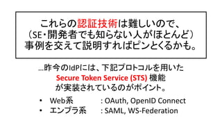 これらの認証技術は難しいので、
（SE・開発者でも知らない人がほとんど）
事例を交えて説明すればピンとくるかも。
…昨今のIdPには、下記プロトコルを用いた
Secure Token Service (STS) 機能
が実装されているのがポイント。
• Web系 : OAuth, OpenID Connect
• エンプラ系 : SAML, WS-Federation
 