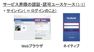 • サインイン（ ＝ ログインのこと）
サービス界隈の認証・認可ユースケース（1-1）
Webブラウザ ネイティブ
 