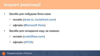 Існуючі реалізації
• Засоби для побудови блок-схем:
 онлайн (draw.io, lucidchart.com)
 офлайн (Microsoft Visio)
• Засоби для складання коду за схемою:
 онлайн (code2flow.com)
 офлайн (AFCE)
 