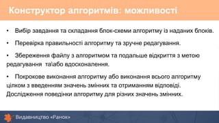 Конструктор алгоритмів: можливості
• Вибір завдання та складання блок-схеми алгоритму із наданих блоків.
• Перевірка правильності алгоритму та зручне редагування.
• Збереження файлу з алгоритмом та подальше відкриття з метою
редагування таабо вдосконалення.
• Покрокове виконання алгоритму або виконання всього алгоритму
цілком з введенням значень змінних та отриманням відповіді.
Дослідження поведінки алгоритму для різних значень змінних.
 