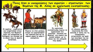 Οι αγρότες – στρατιώτες
που υπηρετούσαν στους
στρατούς των θεμάτων
είχαν την υποχρέωση να
διατηρούν τον οπλισμό και
το άλογό τους σε άριστη
κατάσταση.
Έπρεπε να είναι μονίμως
έτοιμοι να εγκαταλείψουν
την ειρηνική ζωή και να
πάρουν μέρος σε μάχη ή
εκστρατεία.
Σε περίπτωση
επιστράτευσης έπρεπε να
εμφανιστούν στο
στρατηγό – διοικητή του
θέματος, στο στρατό του
οποίου ανήκαν, με το
άλογο και την πολεμική
τους άμαξα.
Αν κάποιος αγρότης –
στρατιώτης δεν ήταν
συνεπής σ’ αυτές του τις
υποχρεώσεις
αντιμετώπιζε την οργή
των ανωτέρων του και
ενδεχομένως κυρώσεις.
Ποιες ήταν οι υποχρεώσεις των αγροτών - στρατιωτών των
θεμάτων της Μ. Ασίας σε περίπτωση επιστράτευσης;
 