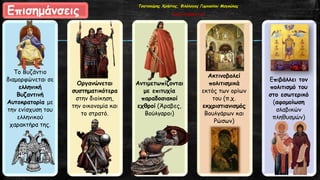 Επισημάνσεις
Το Βυζάντιο
διαμορφώνεται σε
ελληνική
Βυζαντινή
Αυτοκρατορία με
την ενίσχυση του
ελληνικού
χαρακτήρα της.
Οργανώνεται
συστηματικότερα
στην διοίκηση,
την οικονομία και
το στρατό.
Αντιμετωπίζονται
με επιτυχία
παραδοσιακοί
εχθροί (Άραβες,
Βούλγαροι)
Ακτινοβολεί
πολιτισμικά
εκτός των ορίων
του (π.χ.
εκχριστιανισμός
Βουλγάρων και
Ρώσων)
Επιβάλλει τον
πολιτισμό του
στο εσωτερικό
(αφομοίωση
σλαβικών
πληθυσμών)
Τσατσούρης Χρήστος, Φιλόλογος Γυμνασίου Μαγούλας
xtsat.blogspot.gr
 